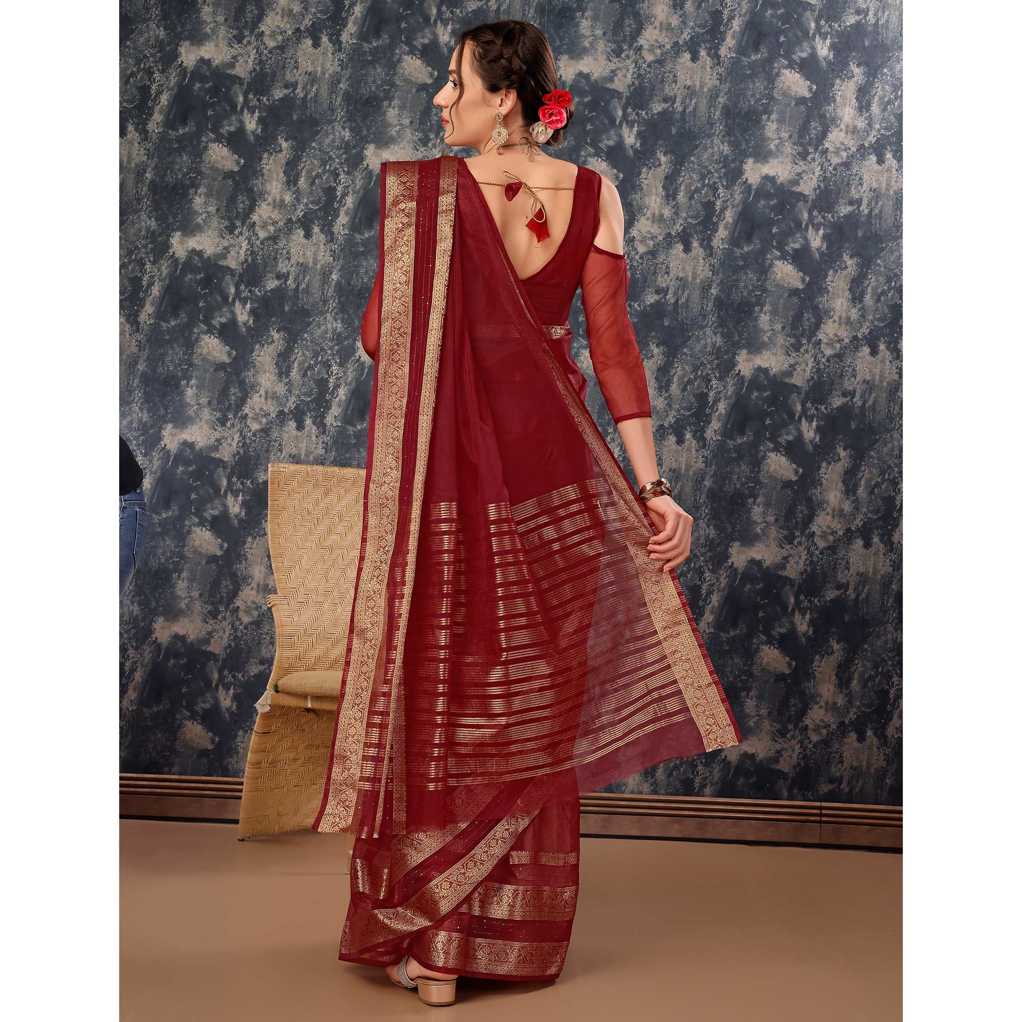 Maroon Floral Zari Woven Organza Saree