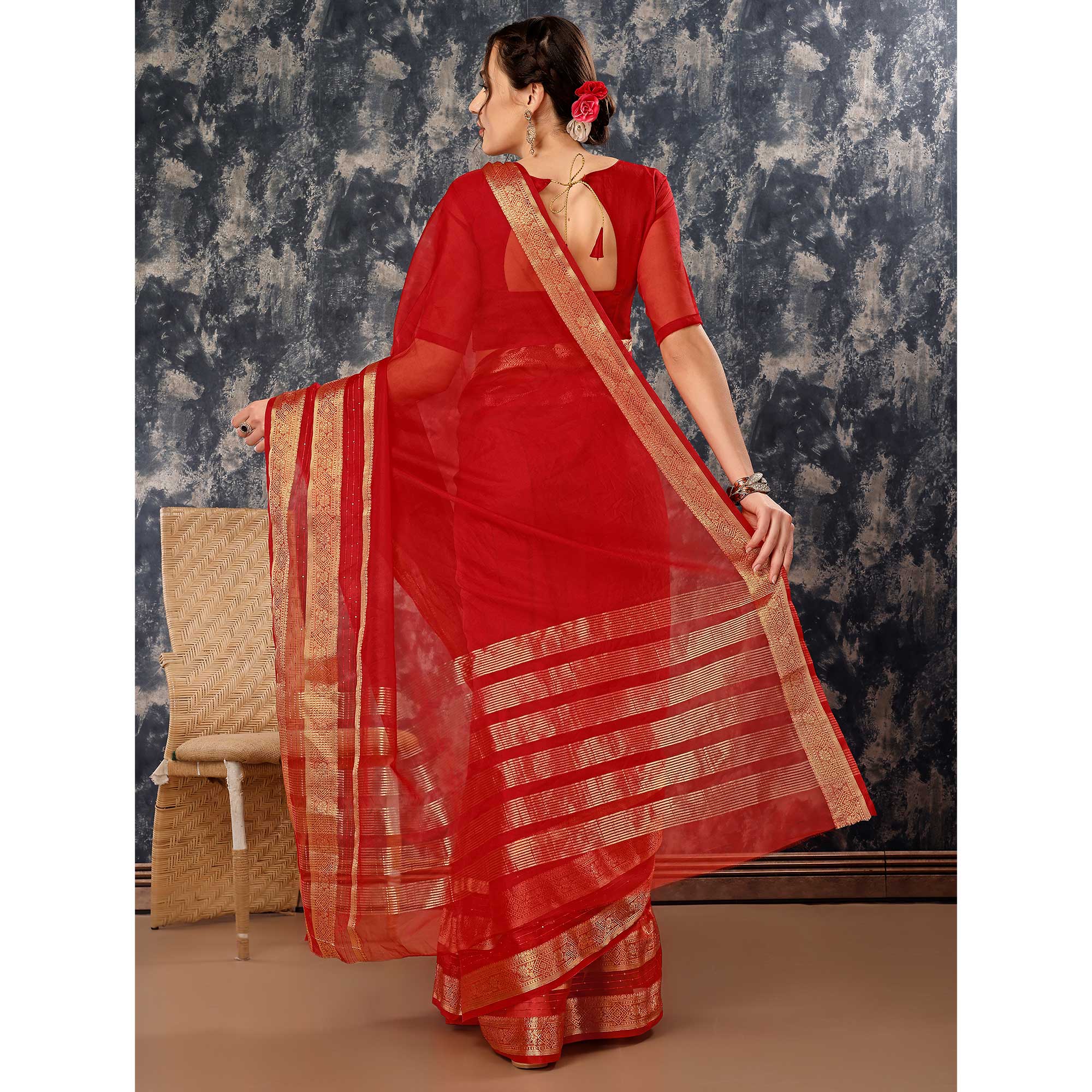 Red Floral Zari Woven Organza Saree