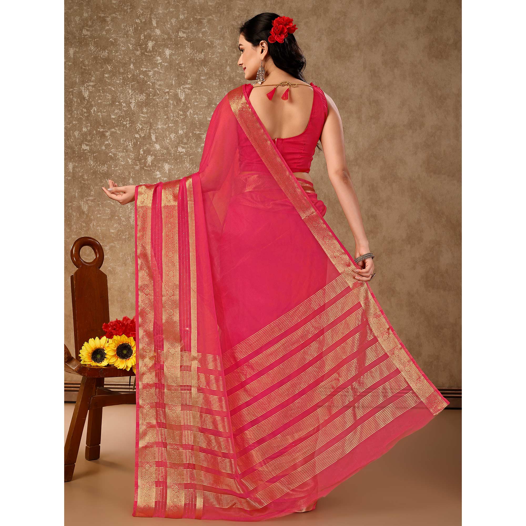 Pink Floral Zari Woven Organza Saree