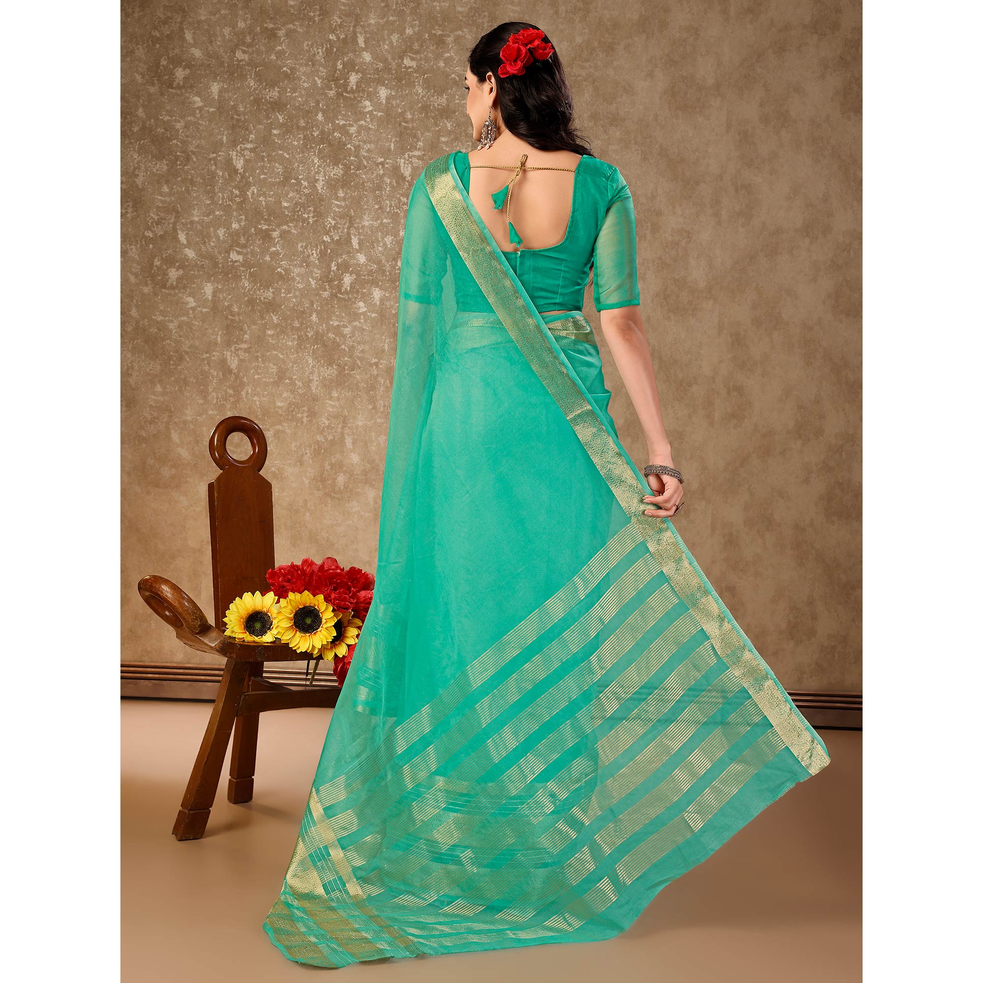 Rama Green Floral Zari Woven Organza Saree