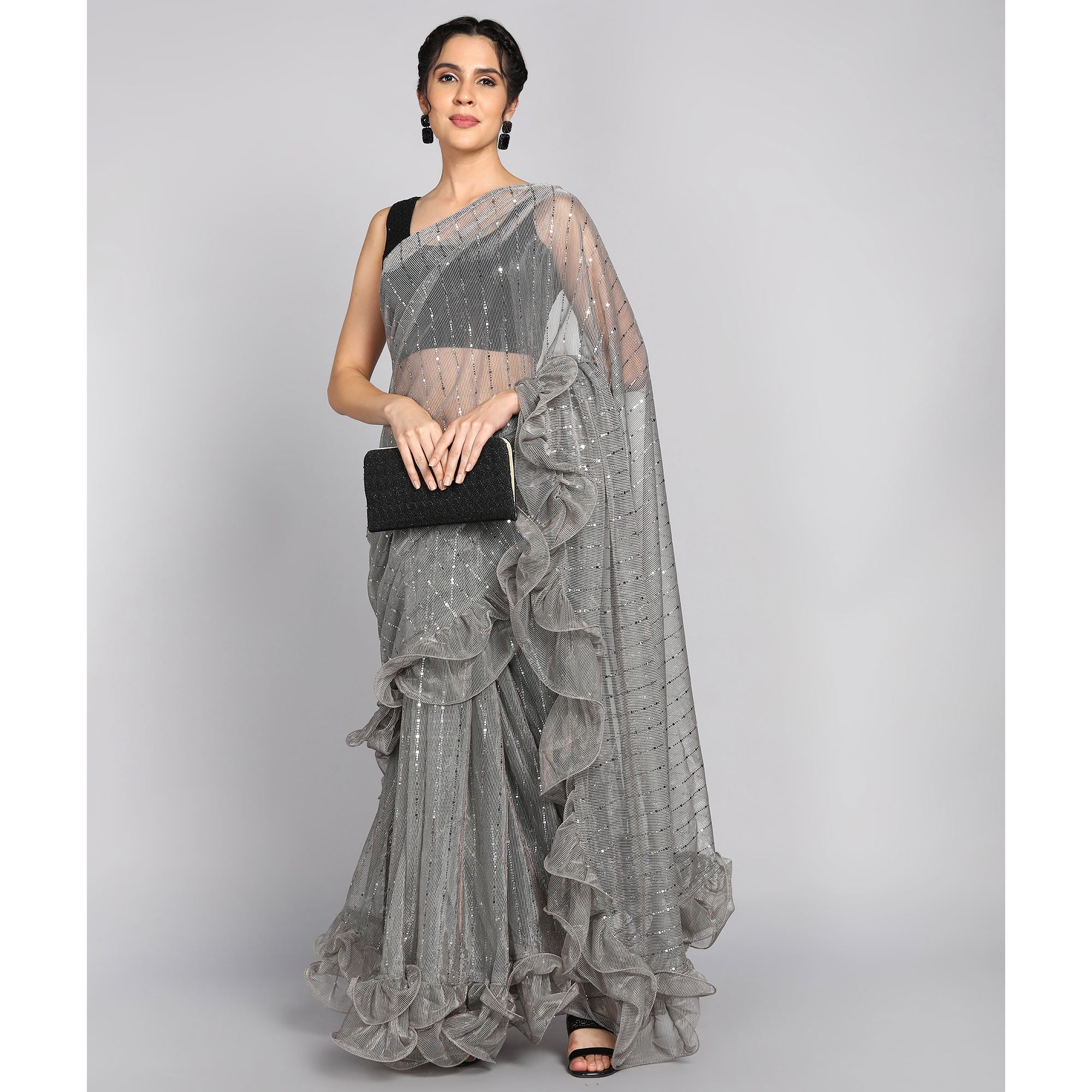 Grey Tikki Work Lycra Ruffle Saree