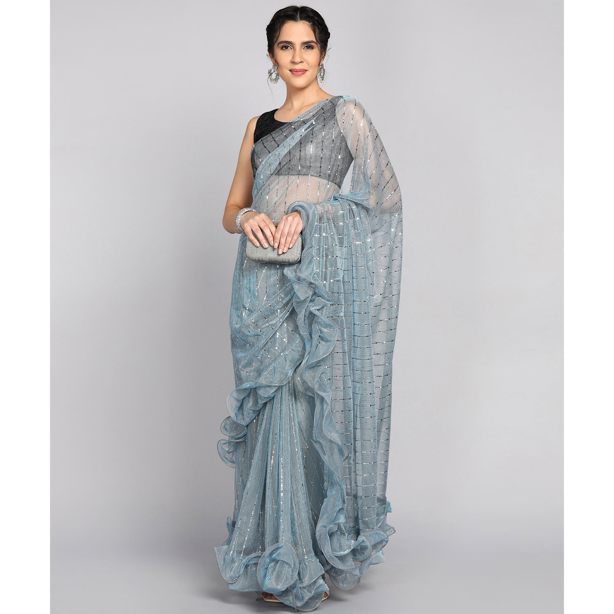 Sky Blue Tikki Work Lycra Ruffle Saree