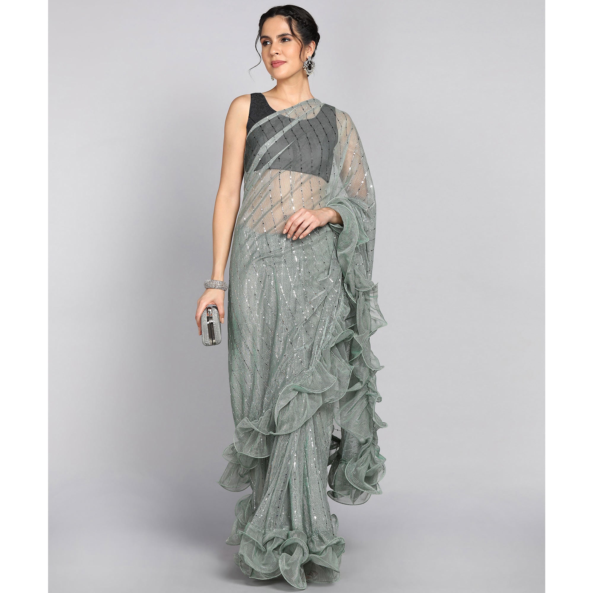 Pista Green Tikki Work Lycra Ruffle Saree