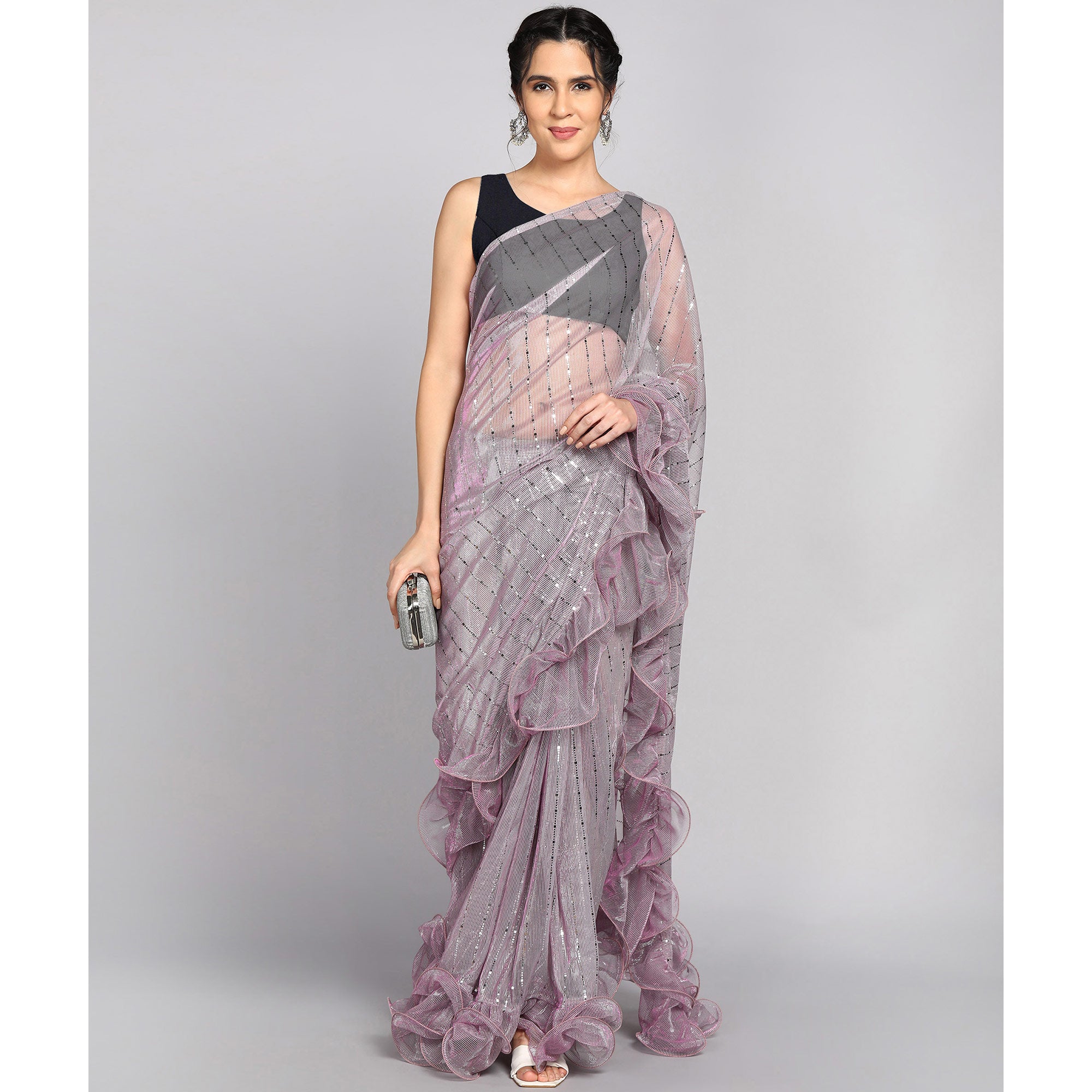 Light Mauve Tikki Work Lycra Ruffle Saree