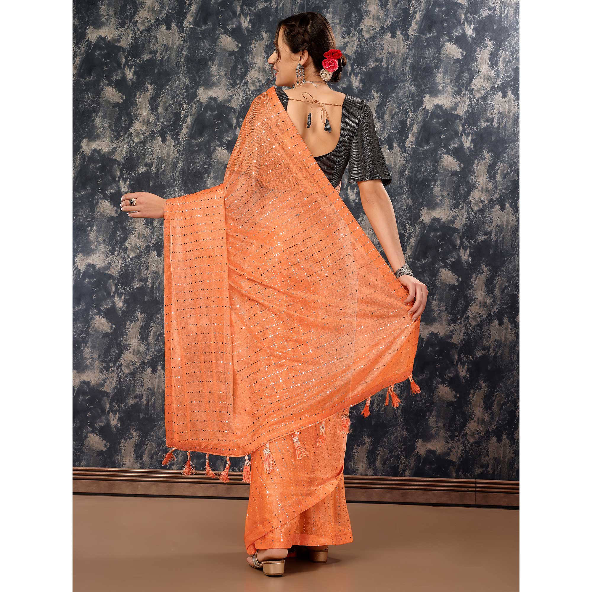 Orange Tikali Work Lycra Saree With Tassels