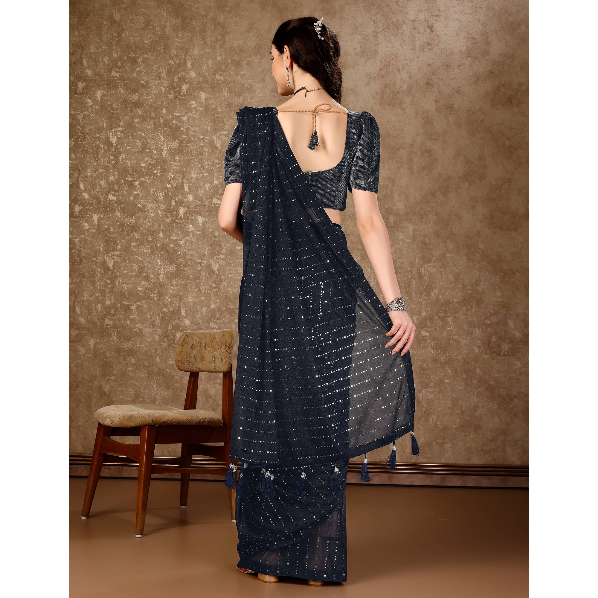 Dark Blue Tikali Work Lycra Saree With Tassels