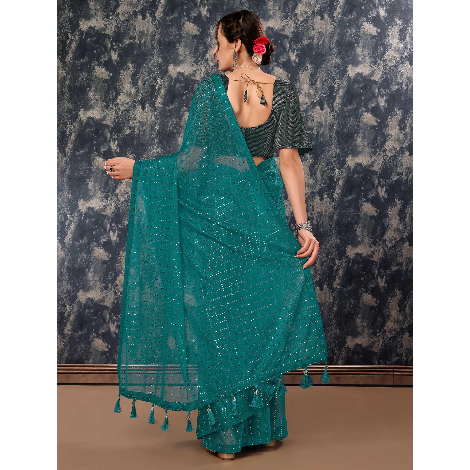 Teal Tikali Work Lycra Saree With Tassels