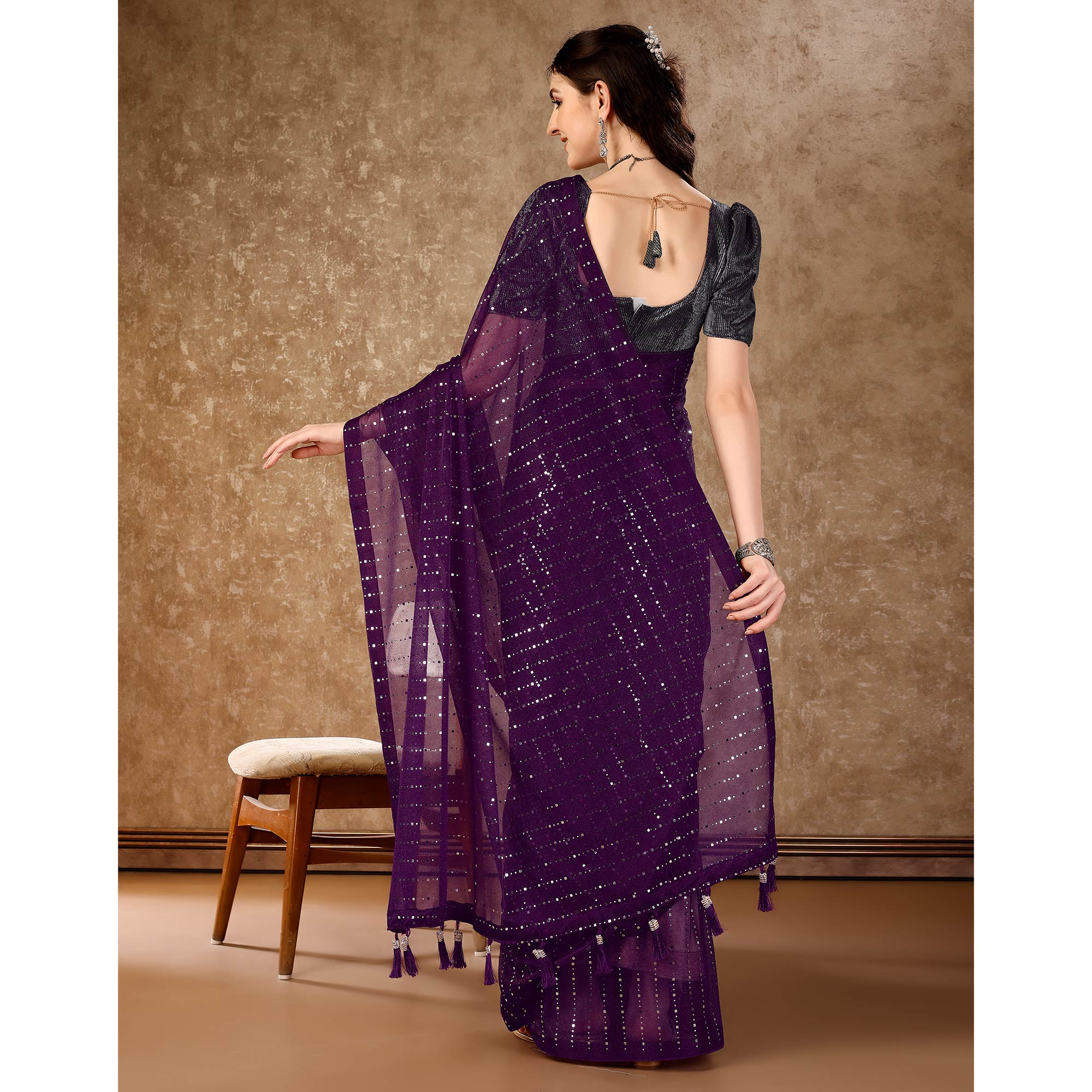 Purple Tikali Work Lycra Saree With Tassels