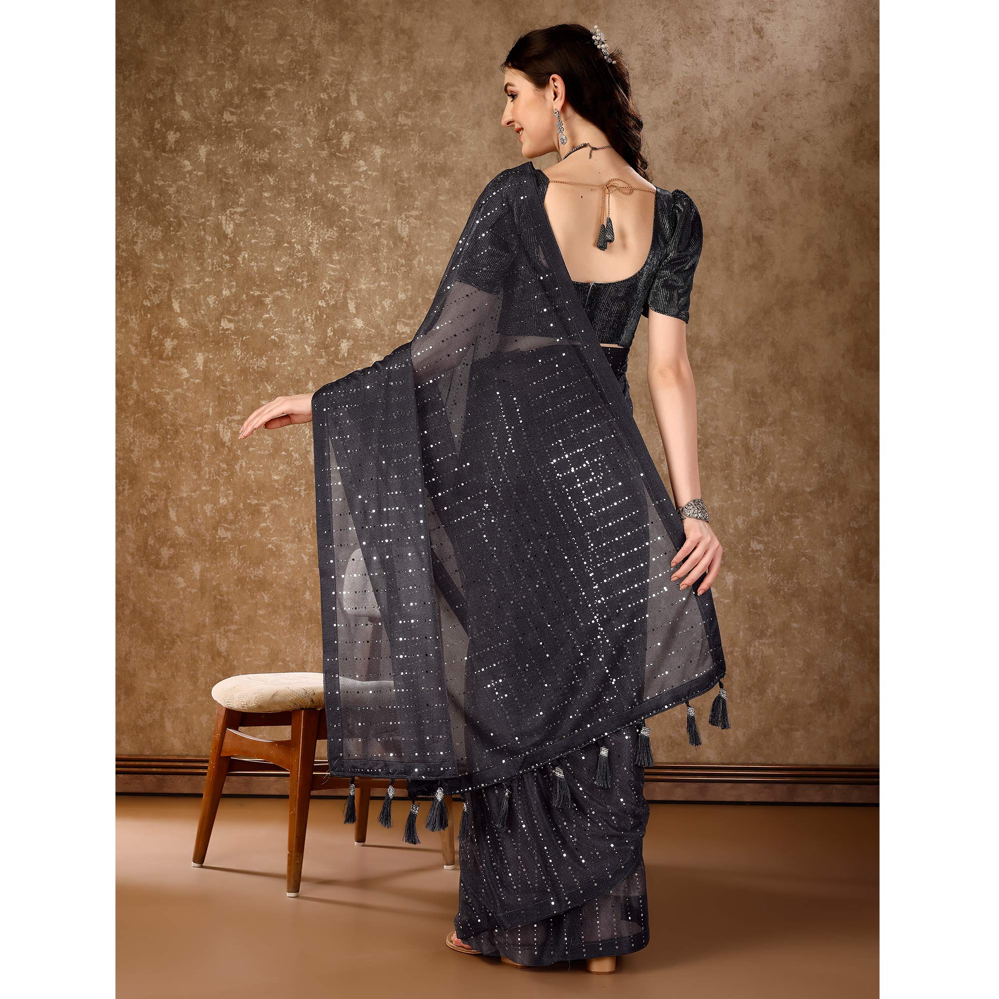 Grey Tikali Work Lycra Saree With Tassels