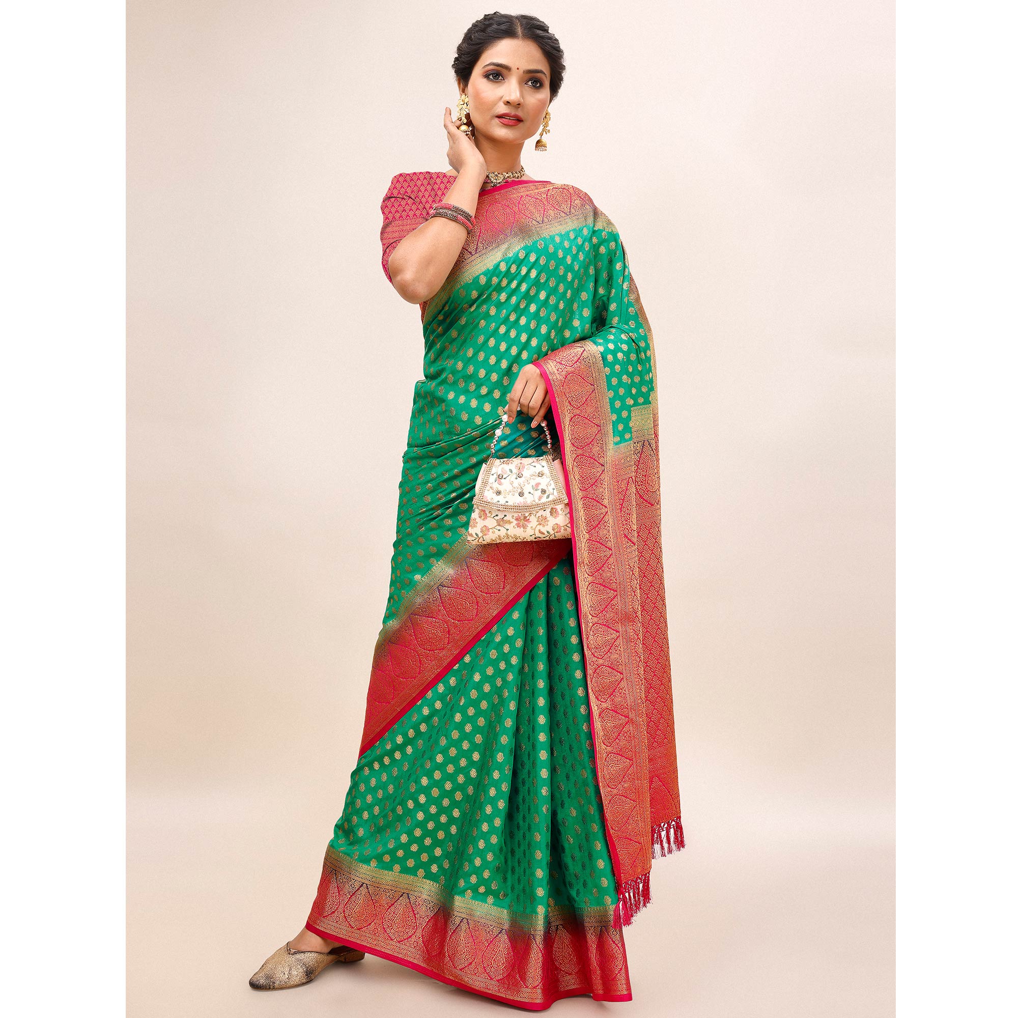 Green Woven Dola Silk Saree With Tassels