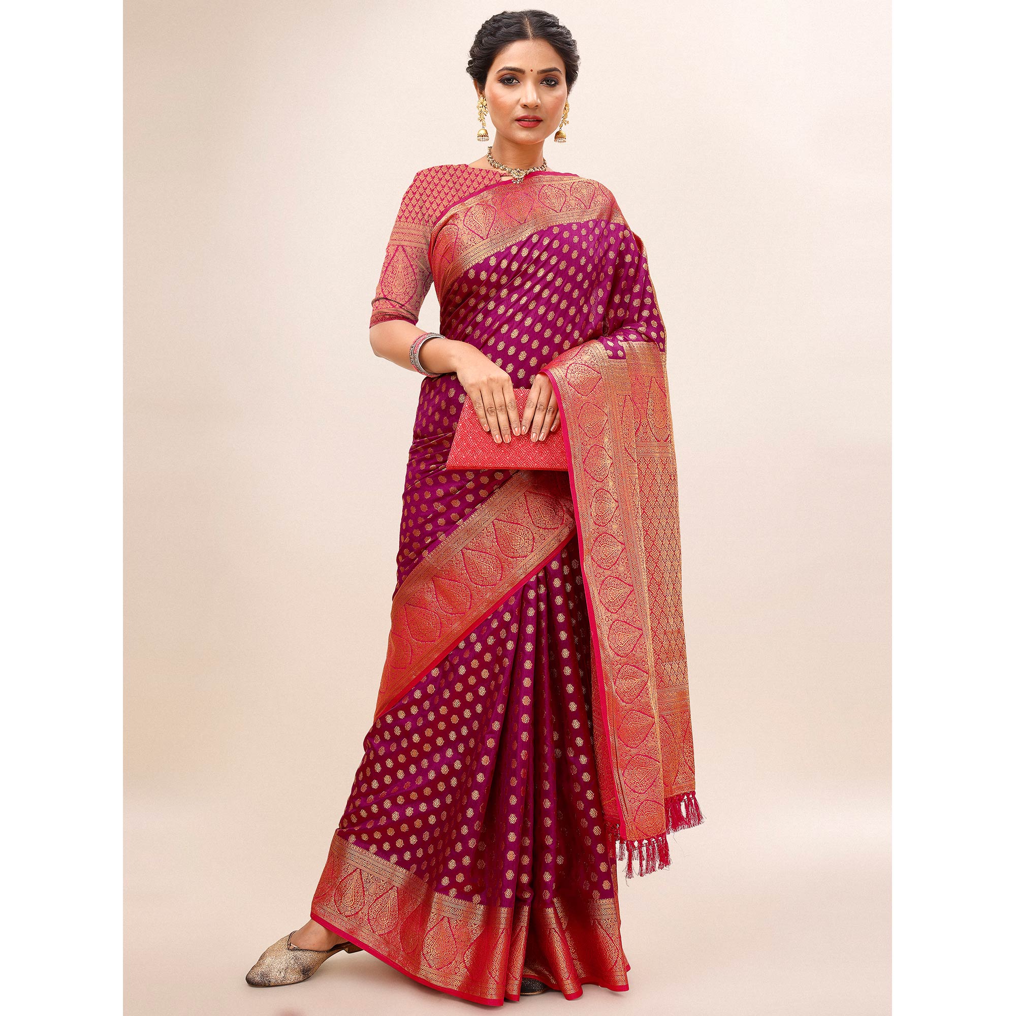 Purple Woven Dola Silk Saree With Tassels