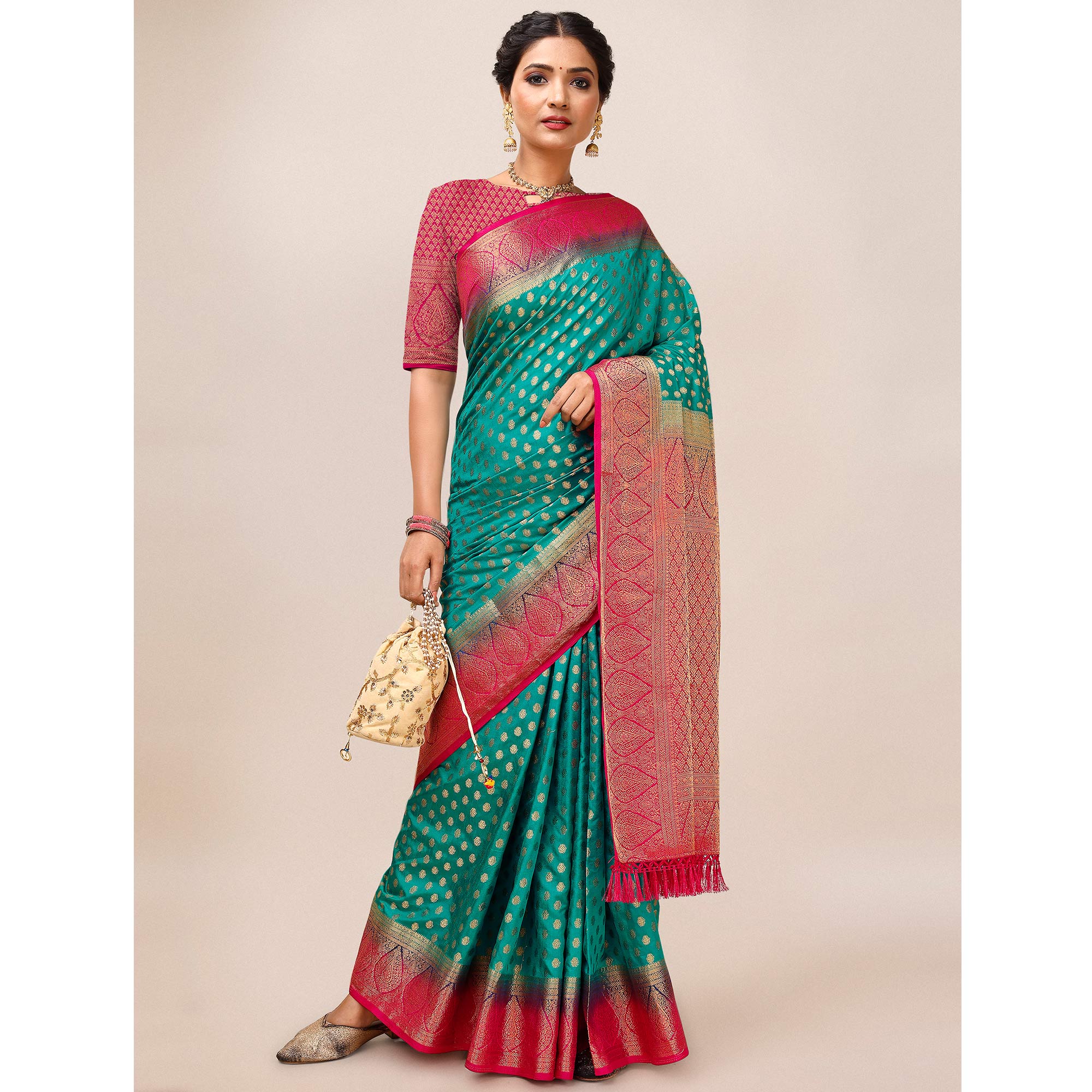 Rama Green Woven Dola Silk Saree With Tassels