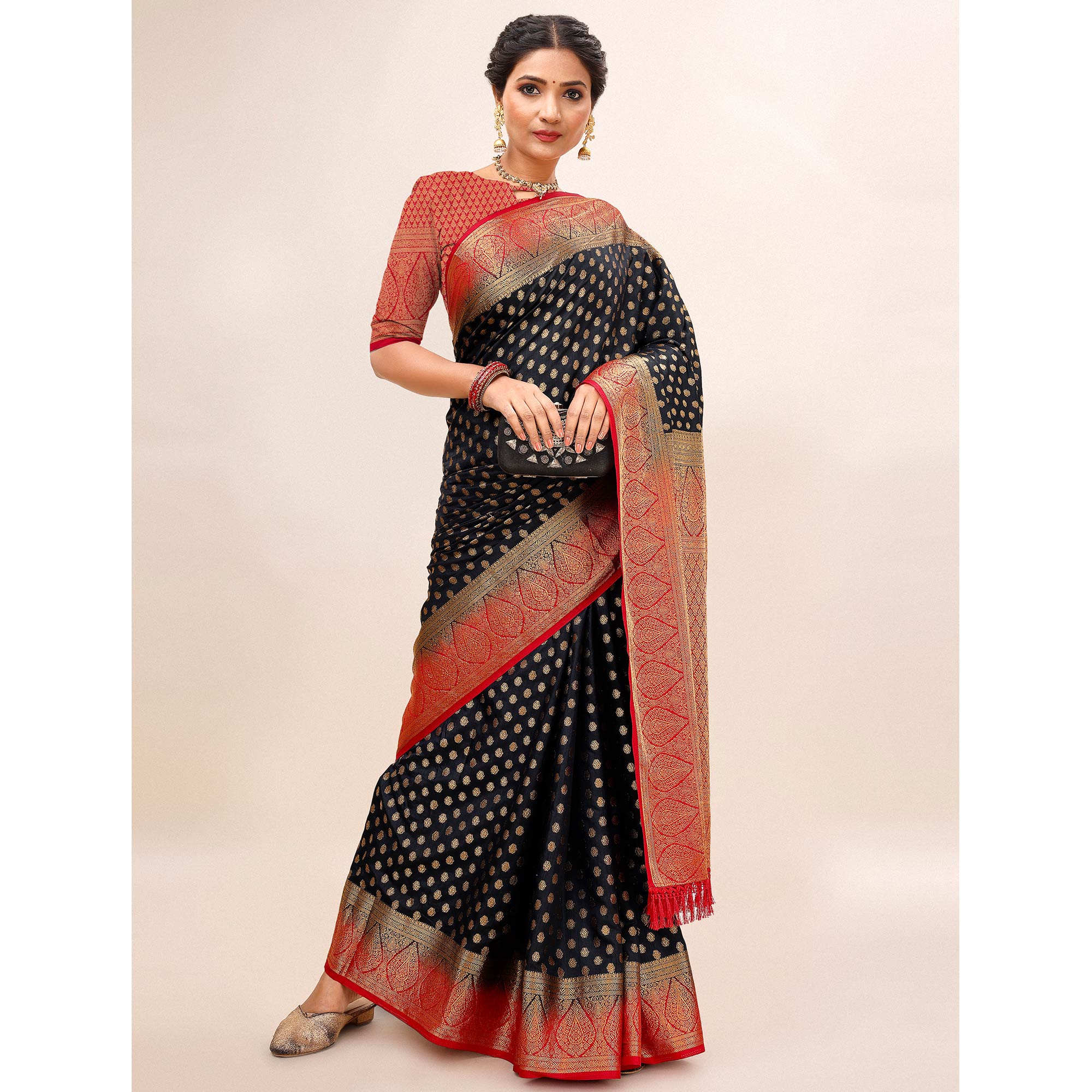 Black Woven Dola Silk Saree With Tassels