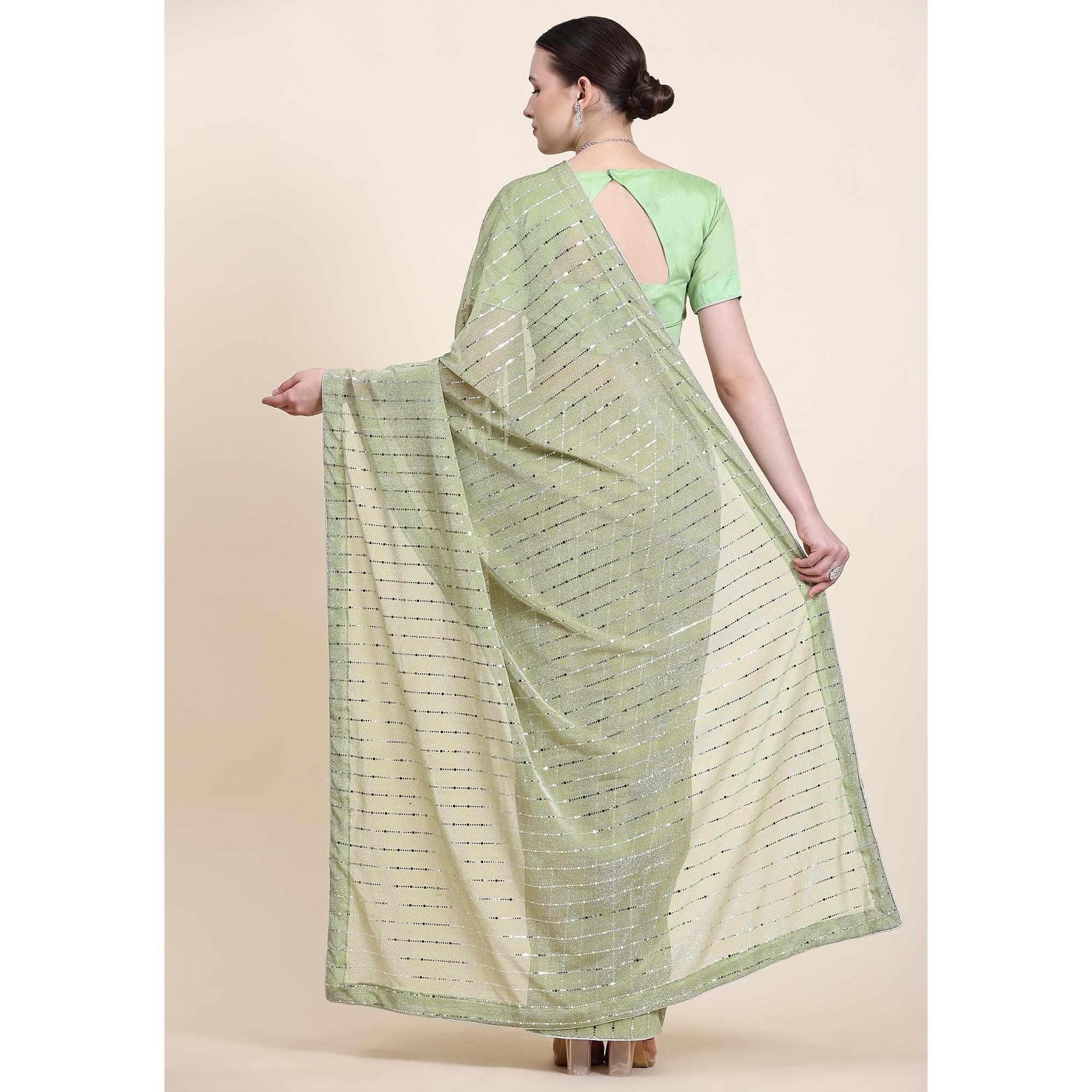 Pista Green Tikali Work Lycra Saree