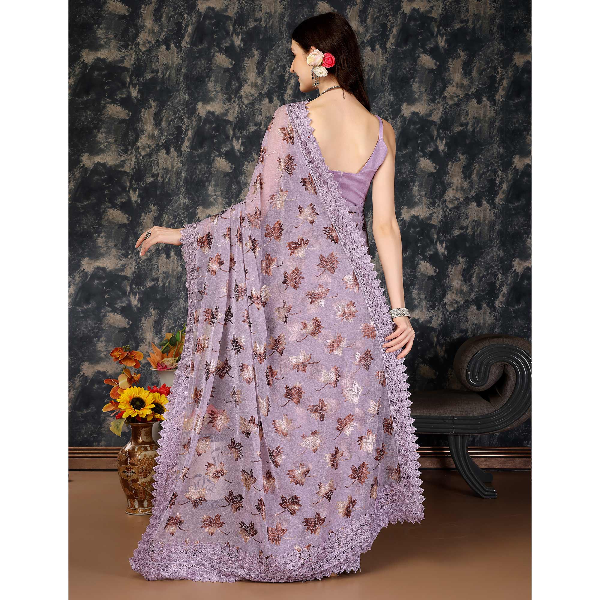 Light Purple Foil Printed Lycra Saree With Embroidered Lace Border