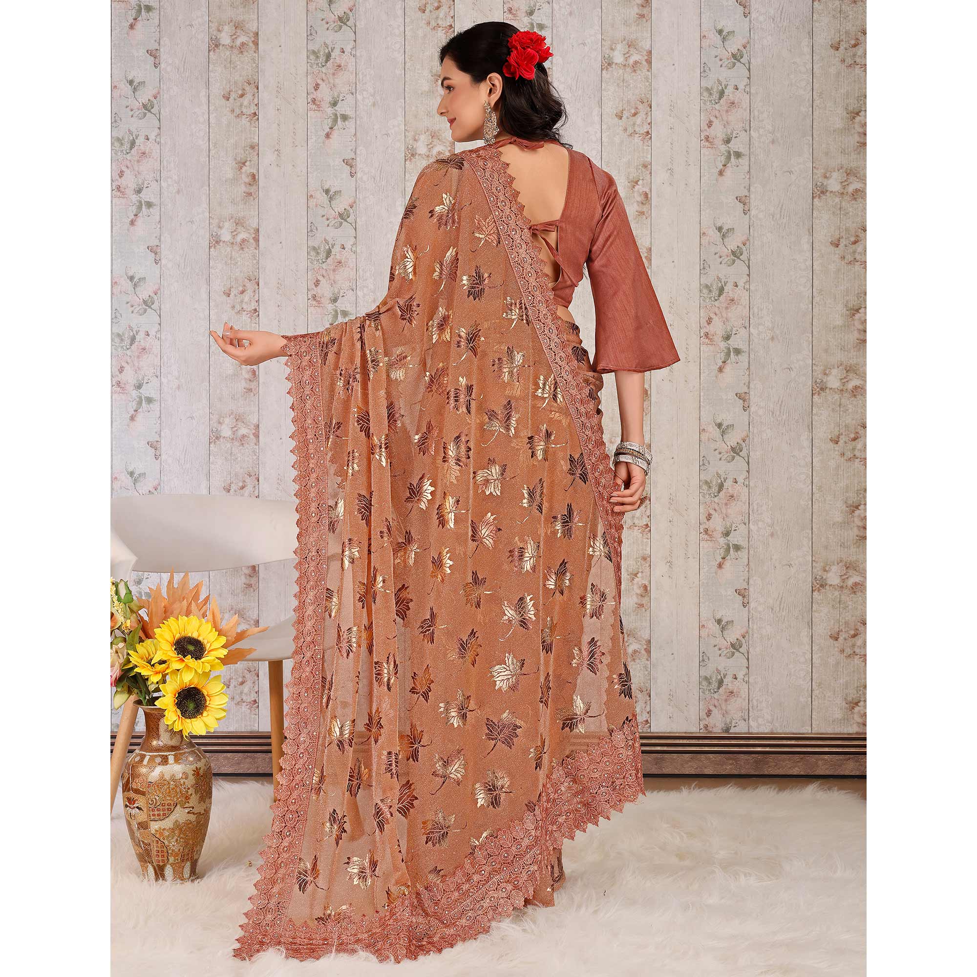 Dusty Peach Foil Printed Lycra Saree With Embroidered Lace Border