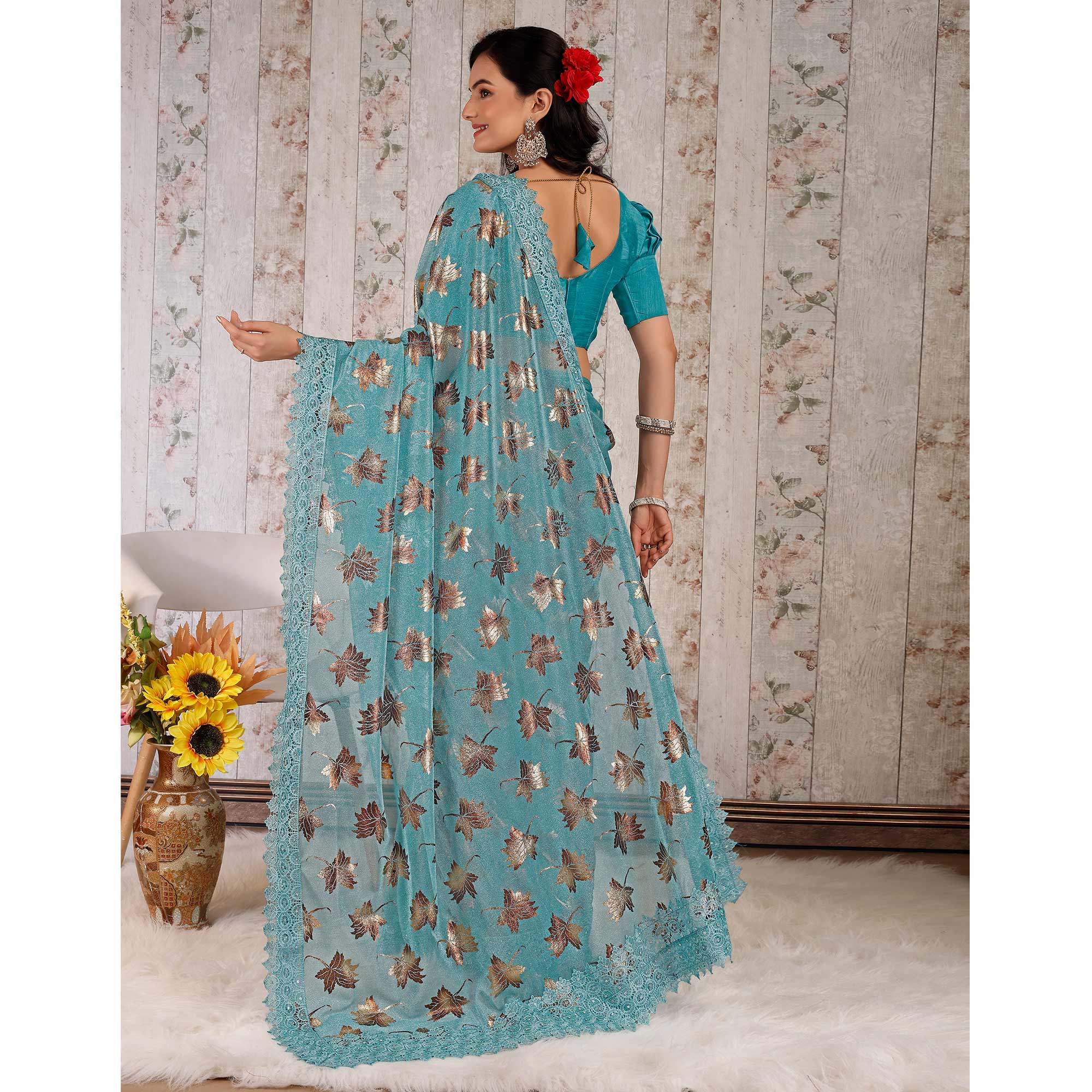 Blue Foil Printed Lycra Saree With Embroidered Lace Border