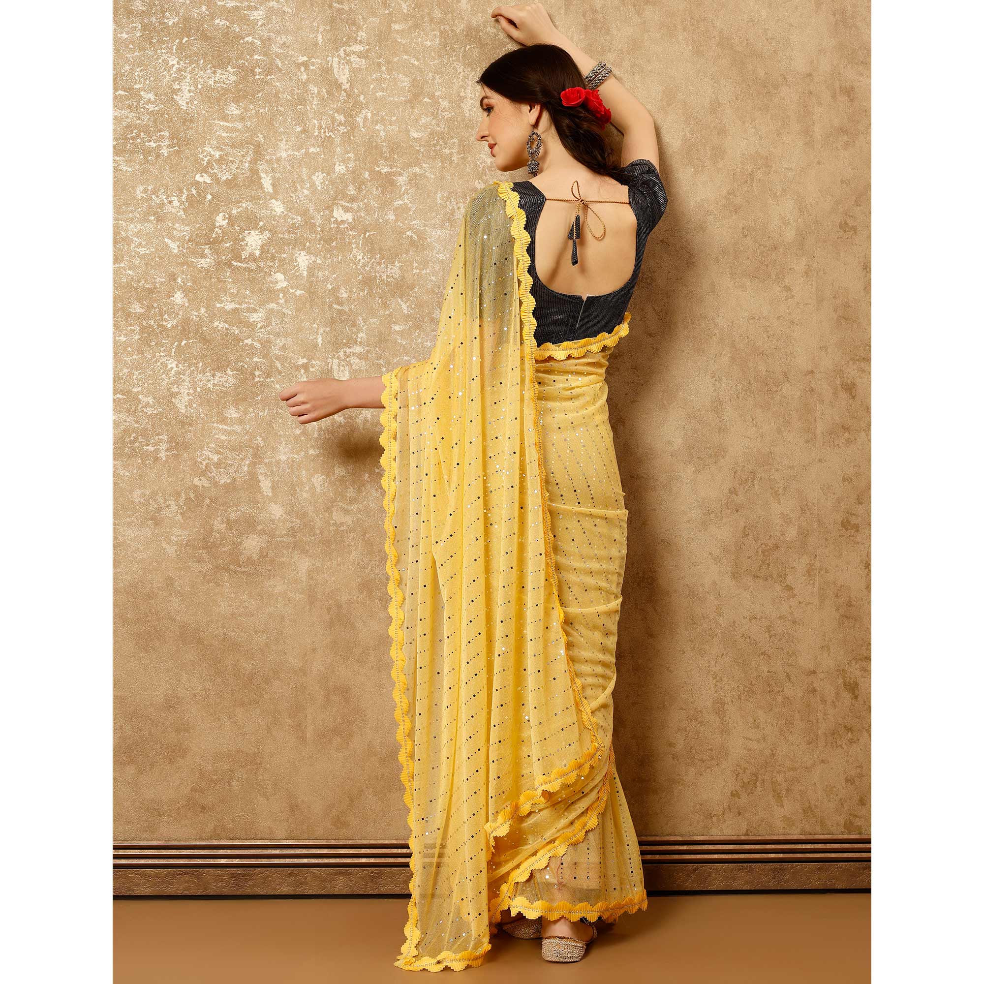 Yellow Tikali With Swarovski Work Lycra Ready To Wear Saree