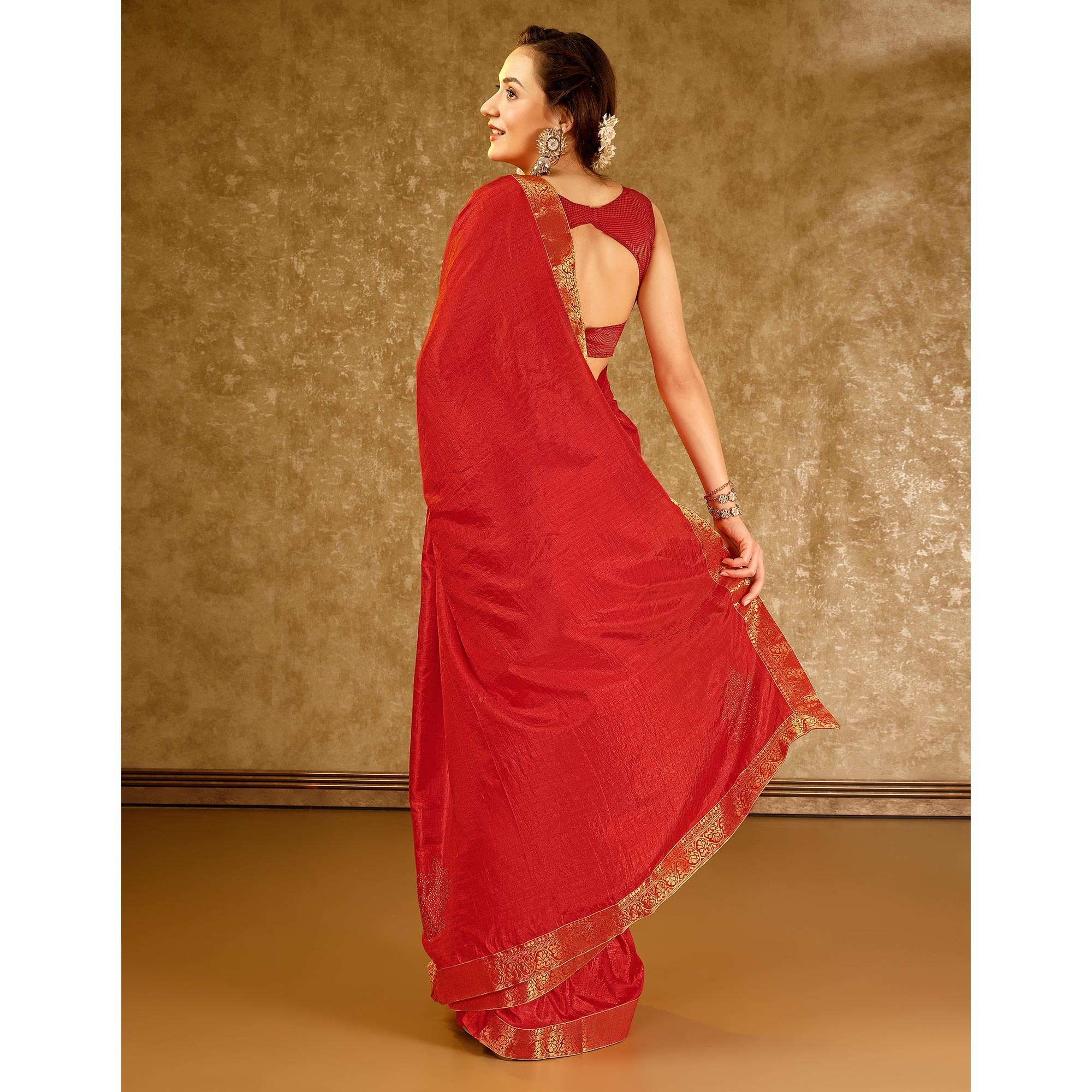 Red Floral Swarovski Work Vichitra Silk Saree With Lace Border