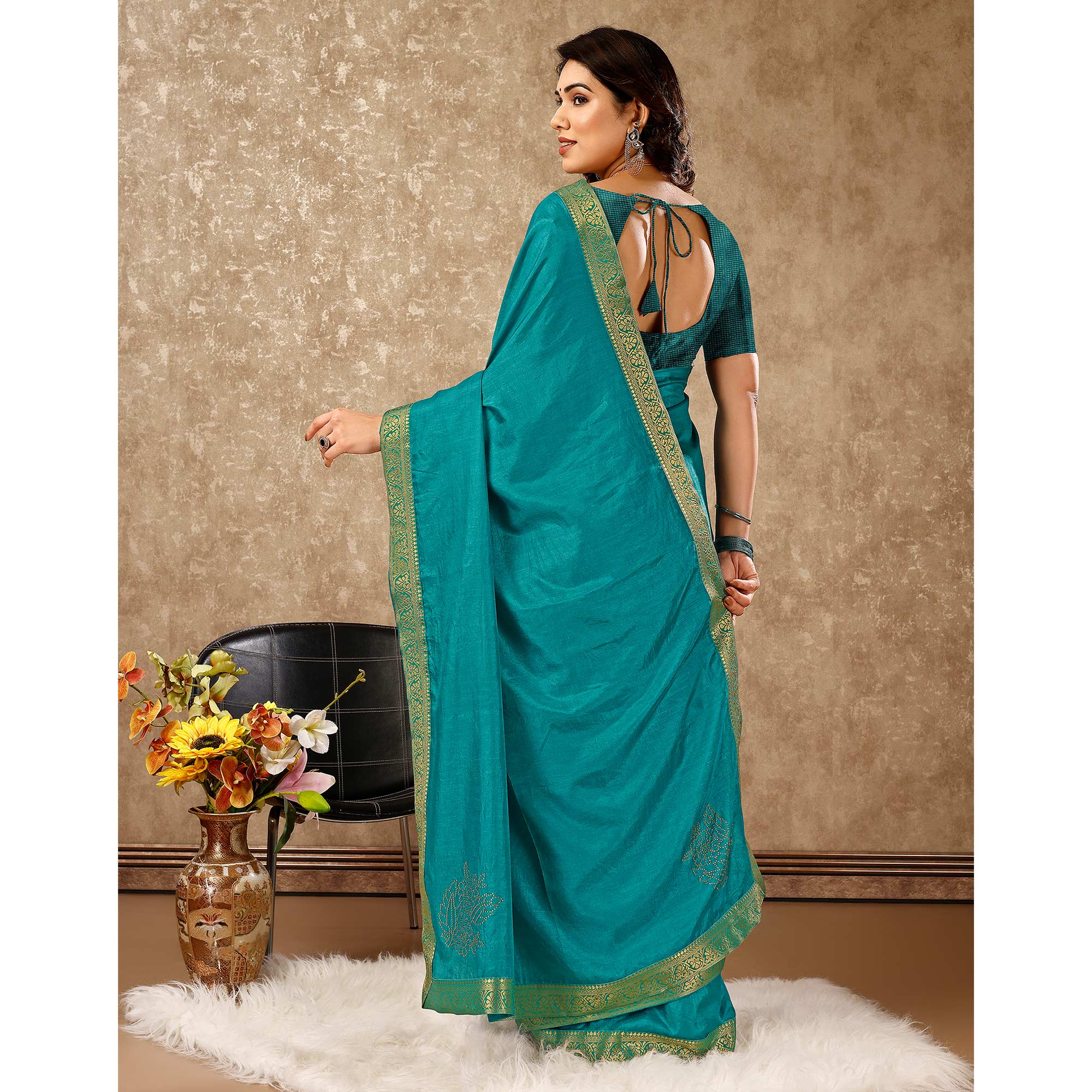 Blue Floral Swarovski Work Vichitra Silk Saree With Lace Border