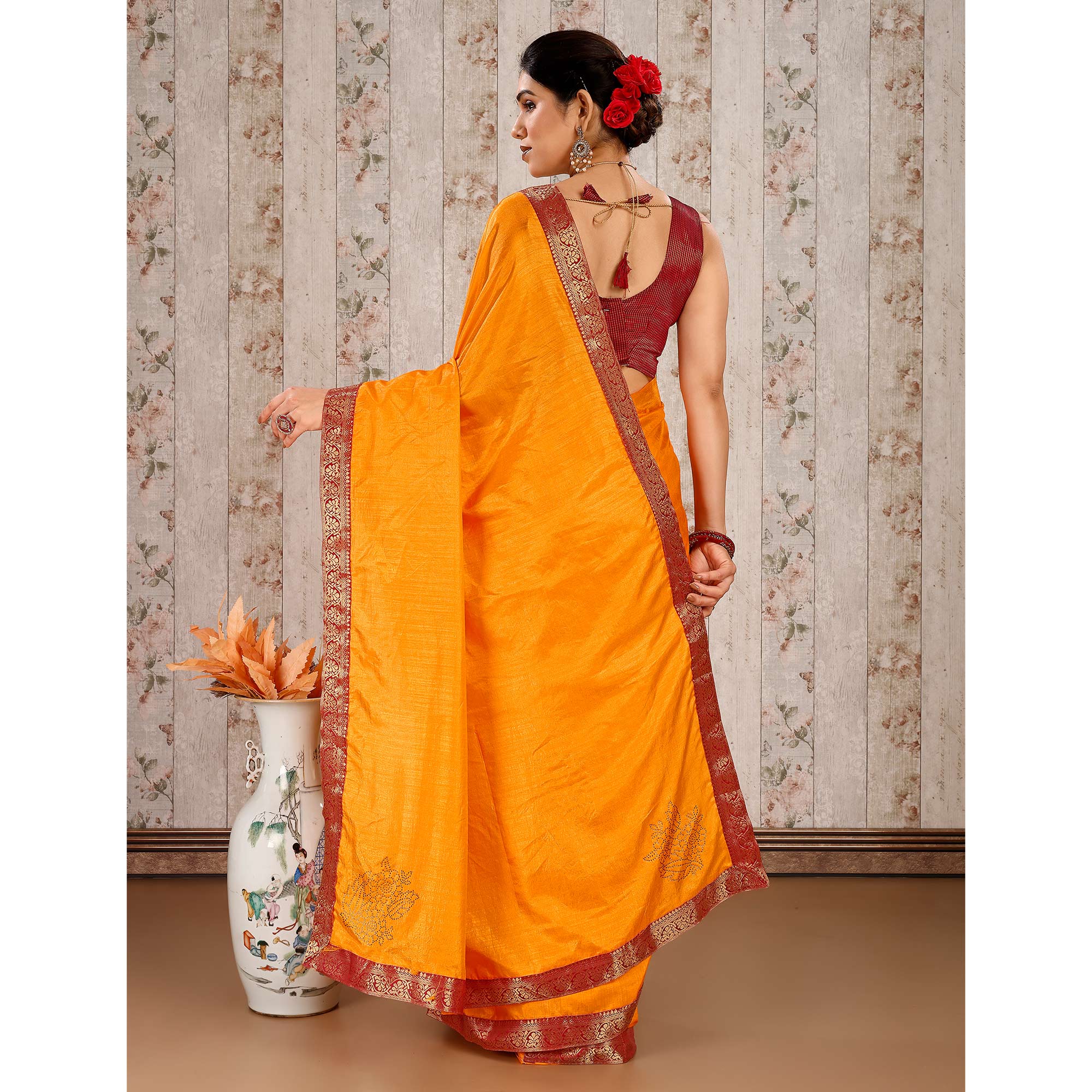 Yellow Floral Swarovski Work Vichitra Silk Saree With Lace Border