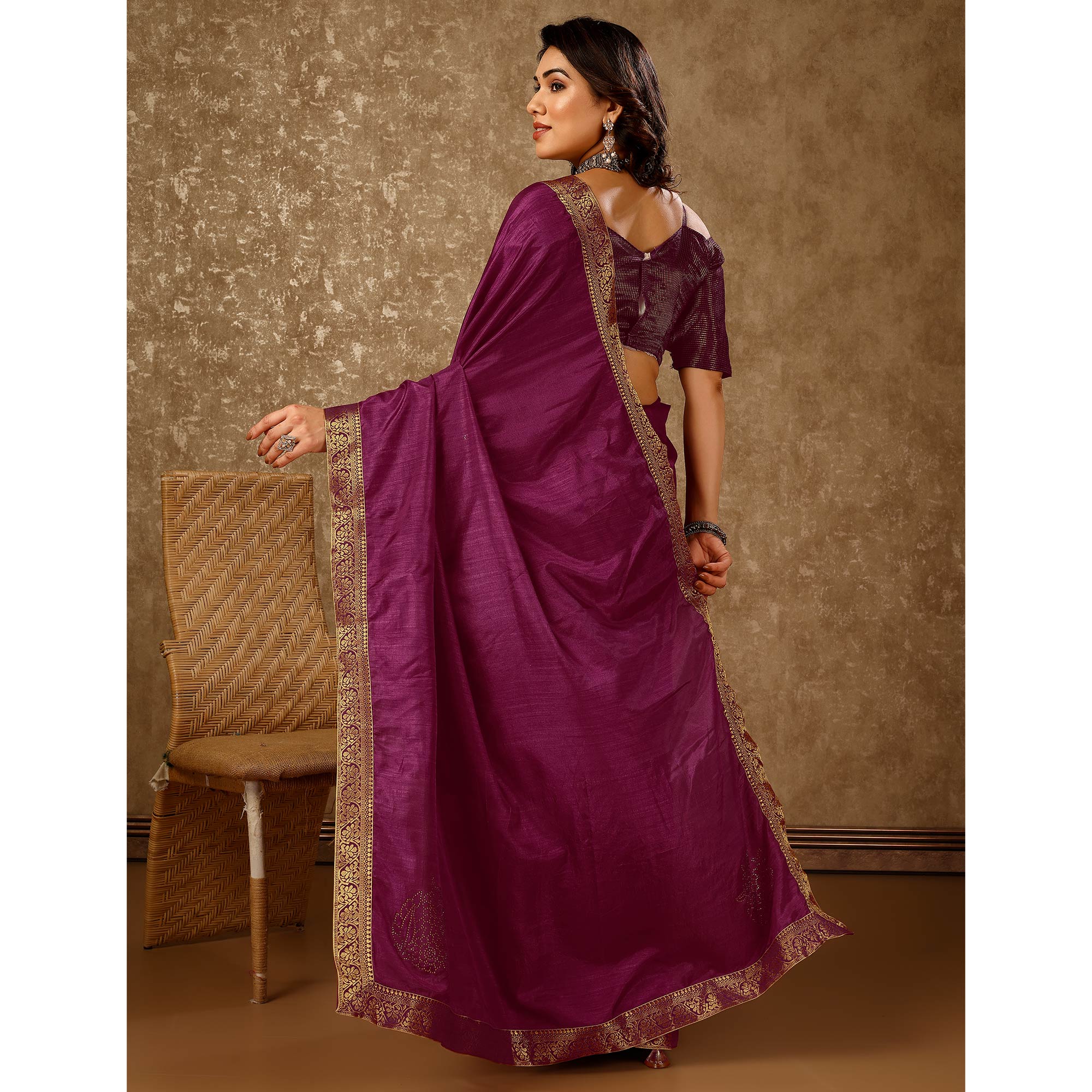 Purple Floral Swarovski Work Vichitra Silk Saree With Lace Border
