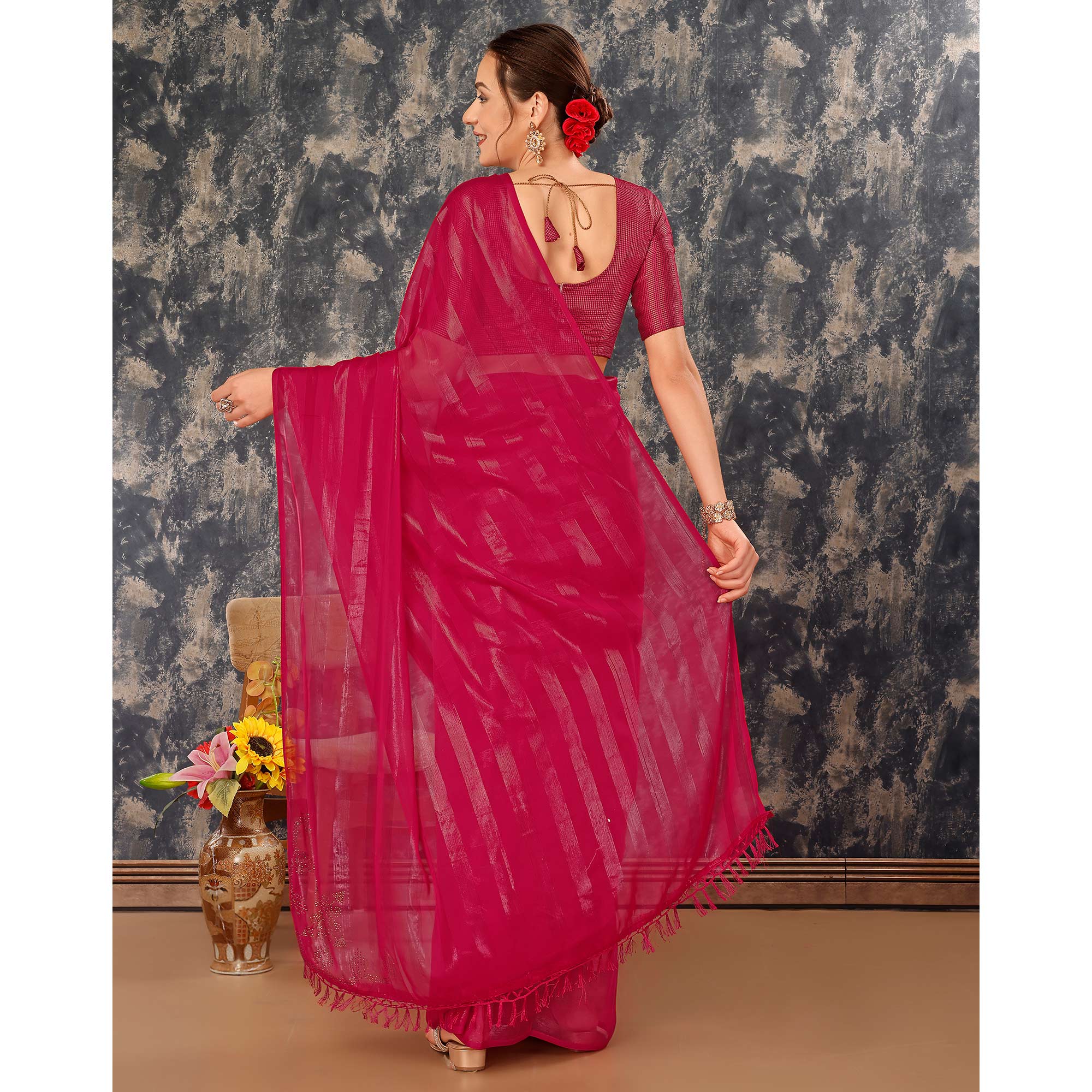 Rani Pink Swarovski Work Chiffon Saree With Tassels