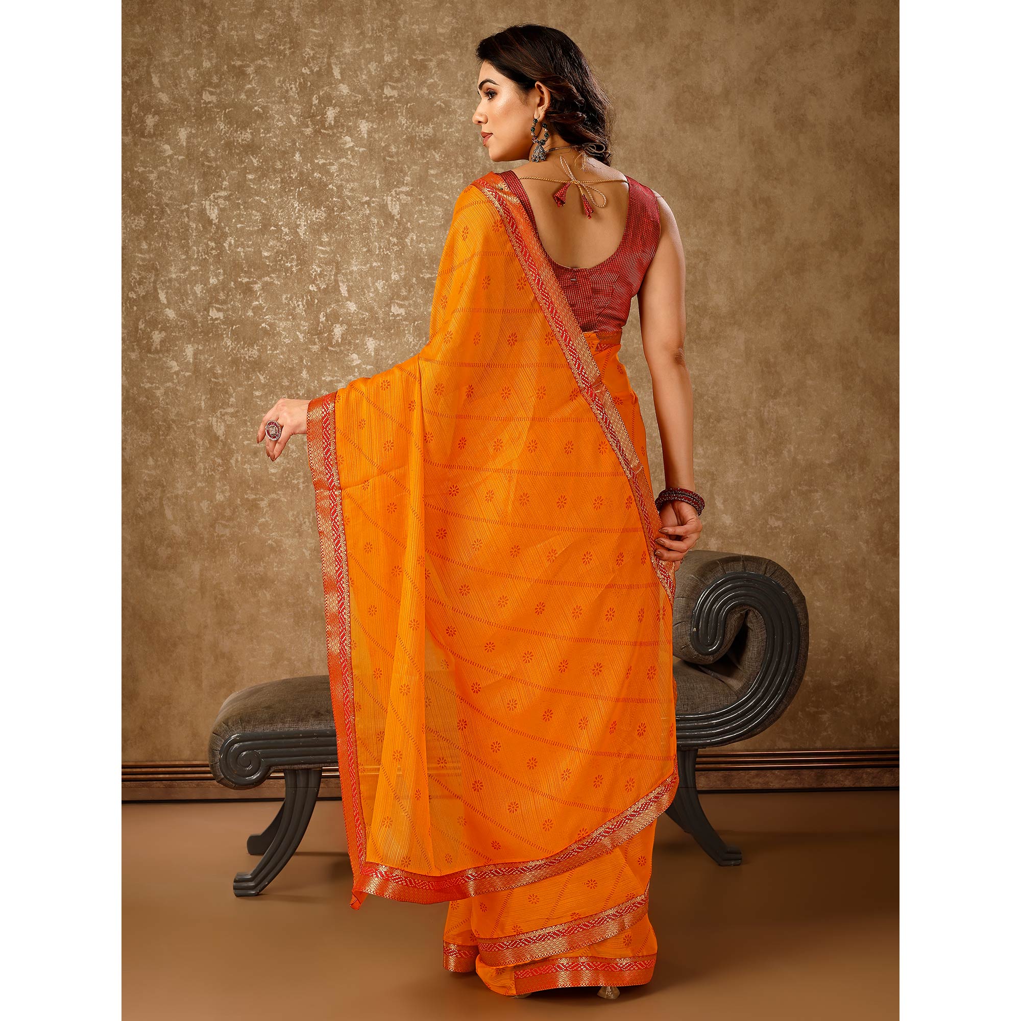 Orange Floral Foil Printed Chiffon Saree With Lace Border