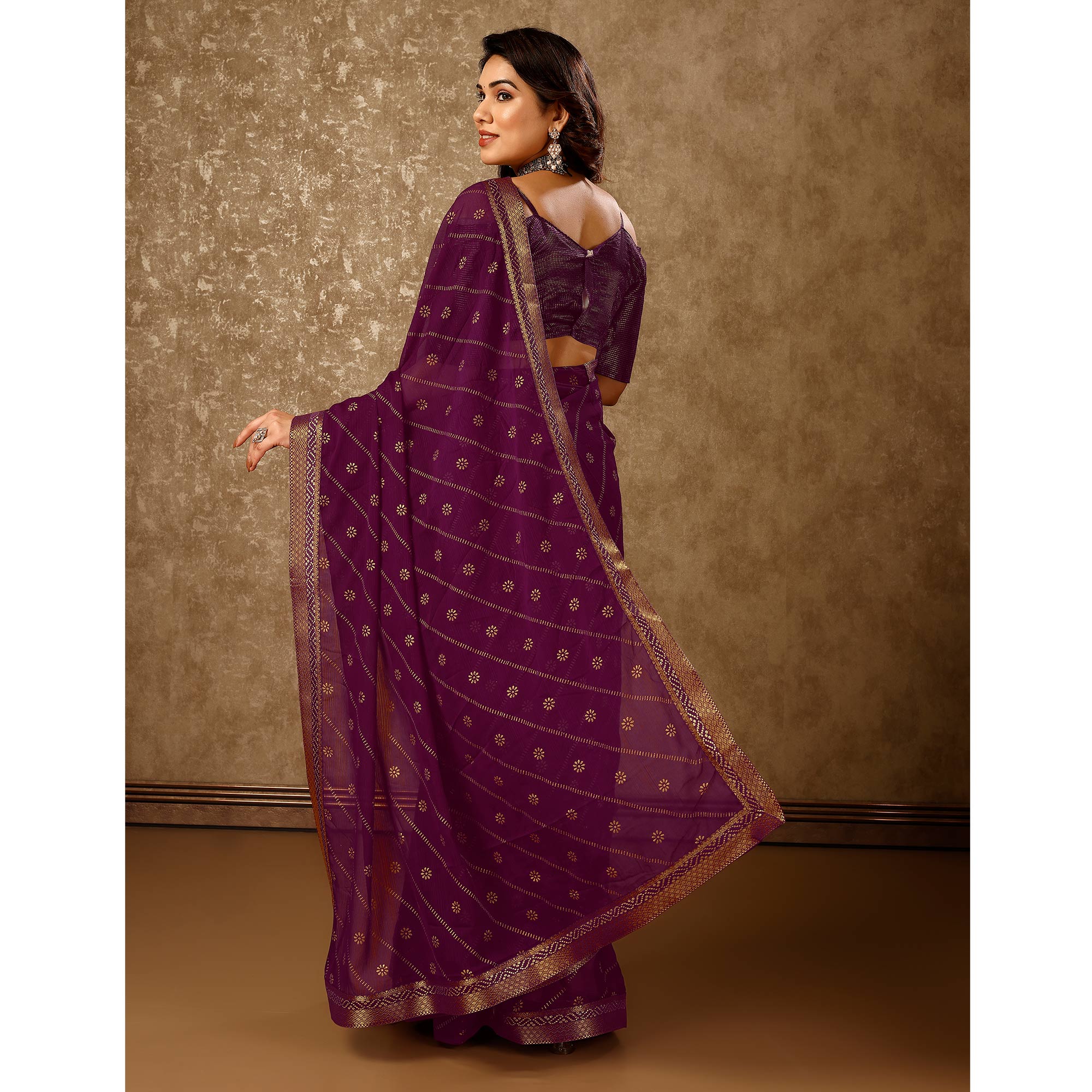 Purple Floral Foil Printed Chiffon Saree With Lace Border