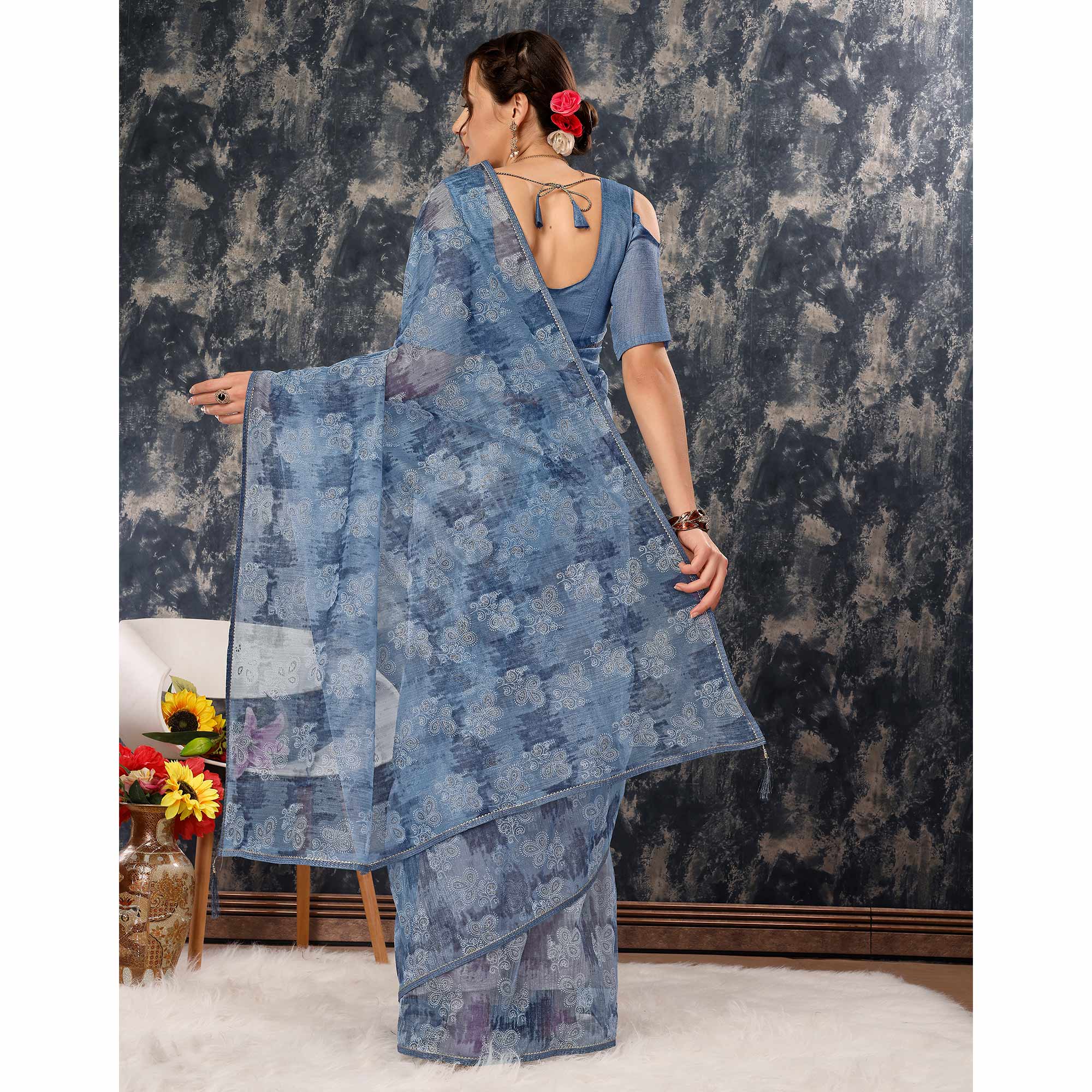 Blue Floral Printed With Zari Work Cotton Silk Saree