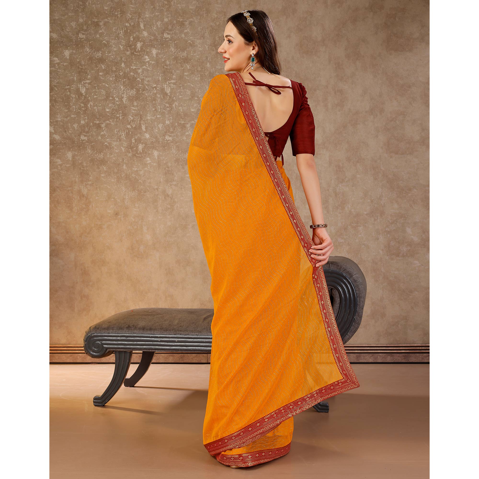 Yellow Zari Embroidery Chiffon Saree With Lace Border