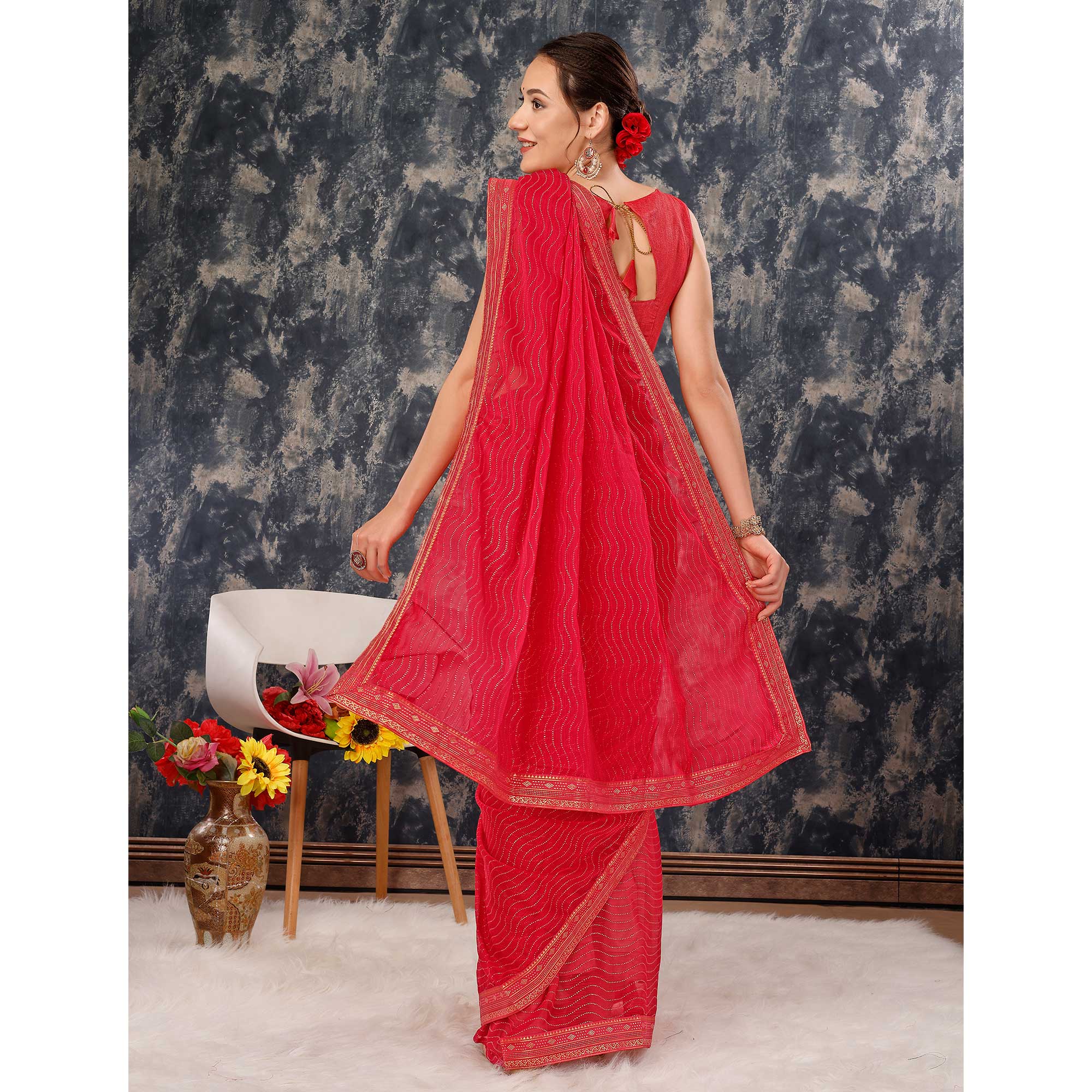 Pink Zari Embroidery Chiffon Saree With Lace Border
