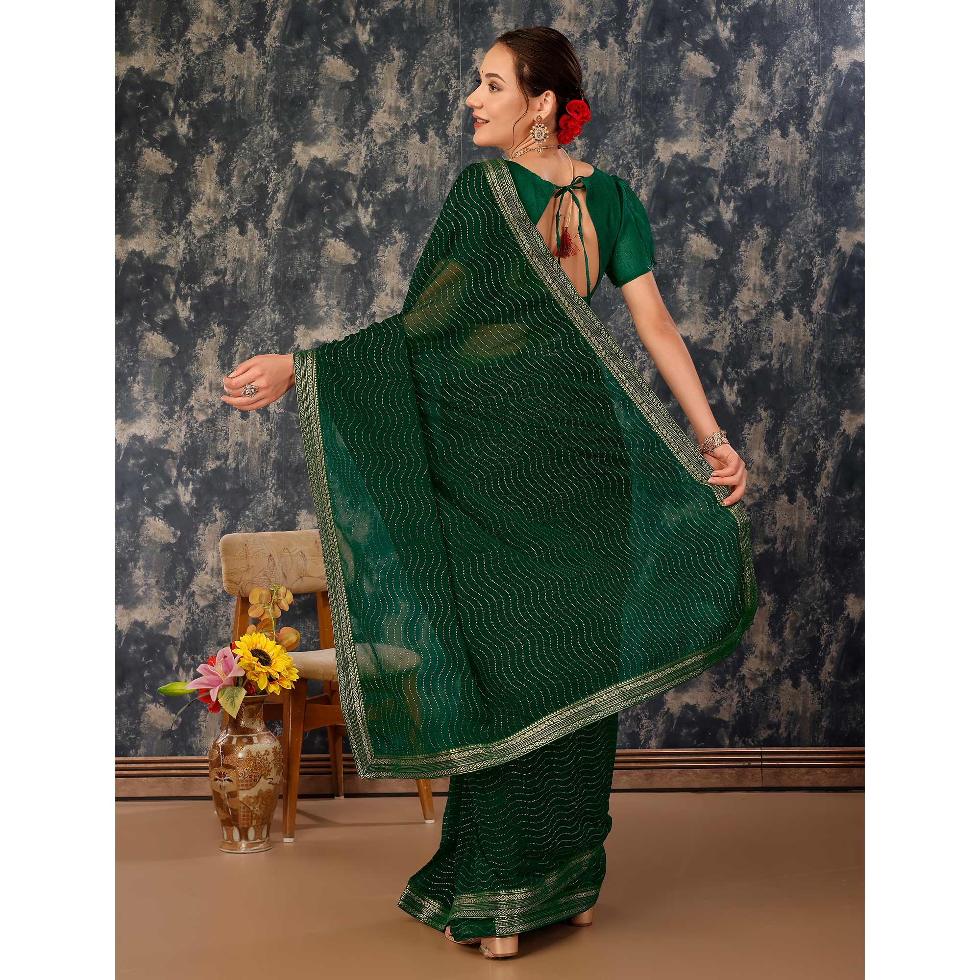 Green Zari Embroidery Chiffon Saree With Lace Border