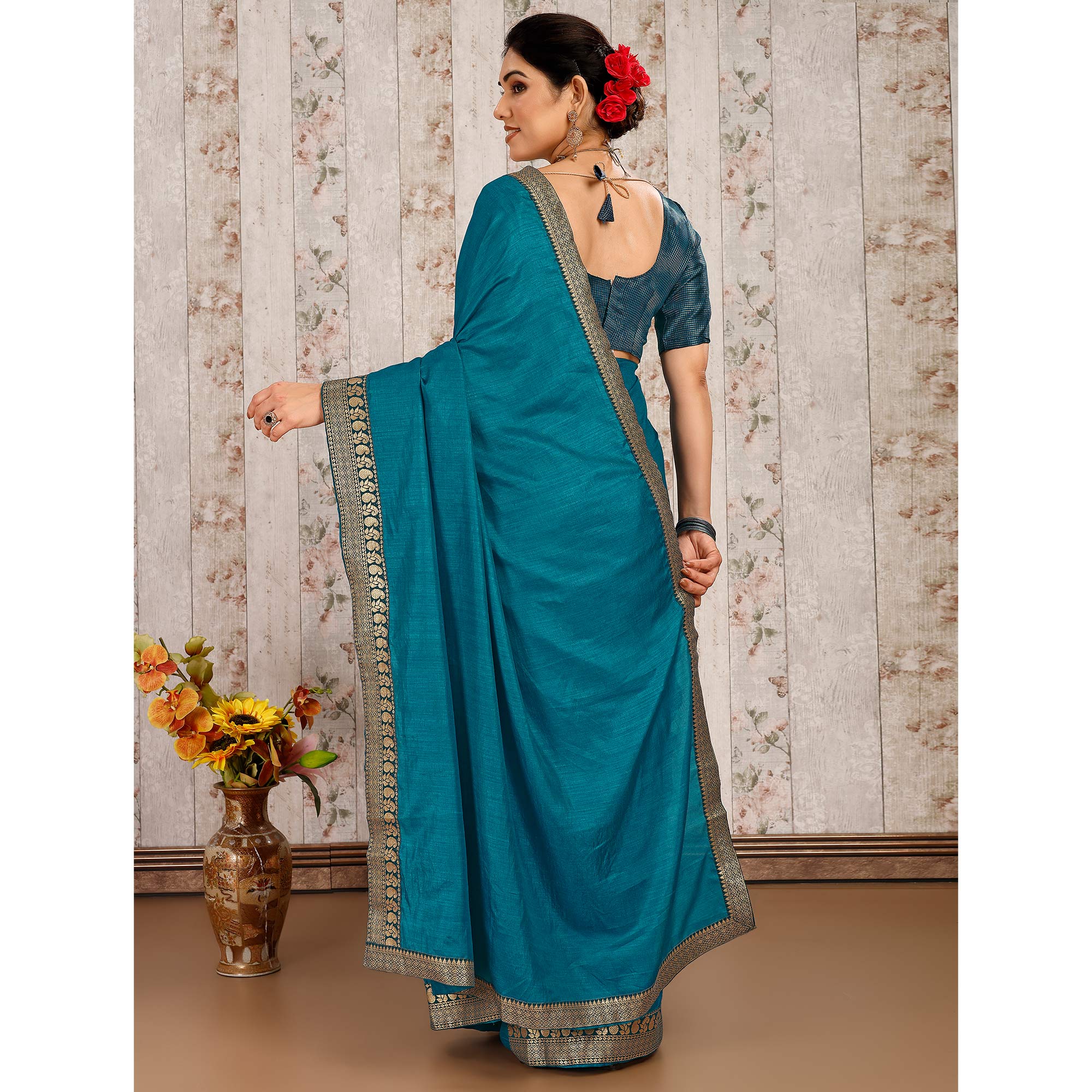 Teal Blue Solid Saree Vichitra Silk With Zari Lace Border