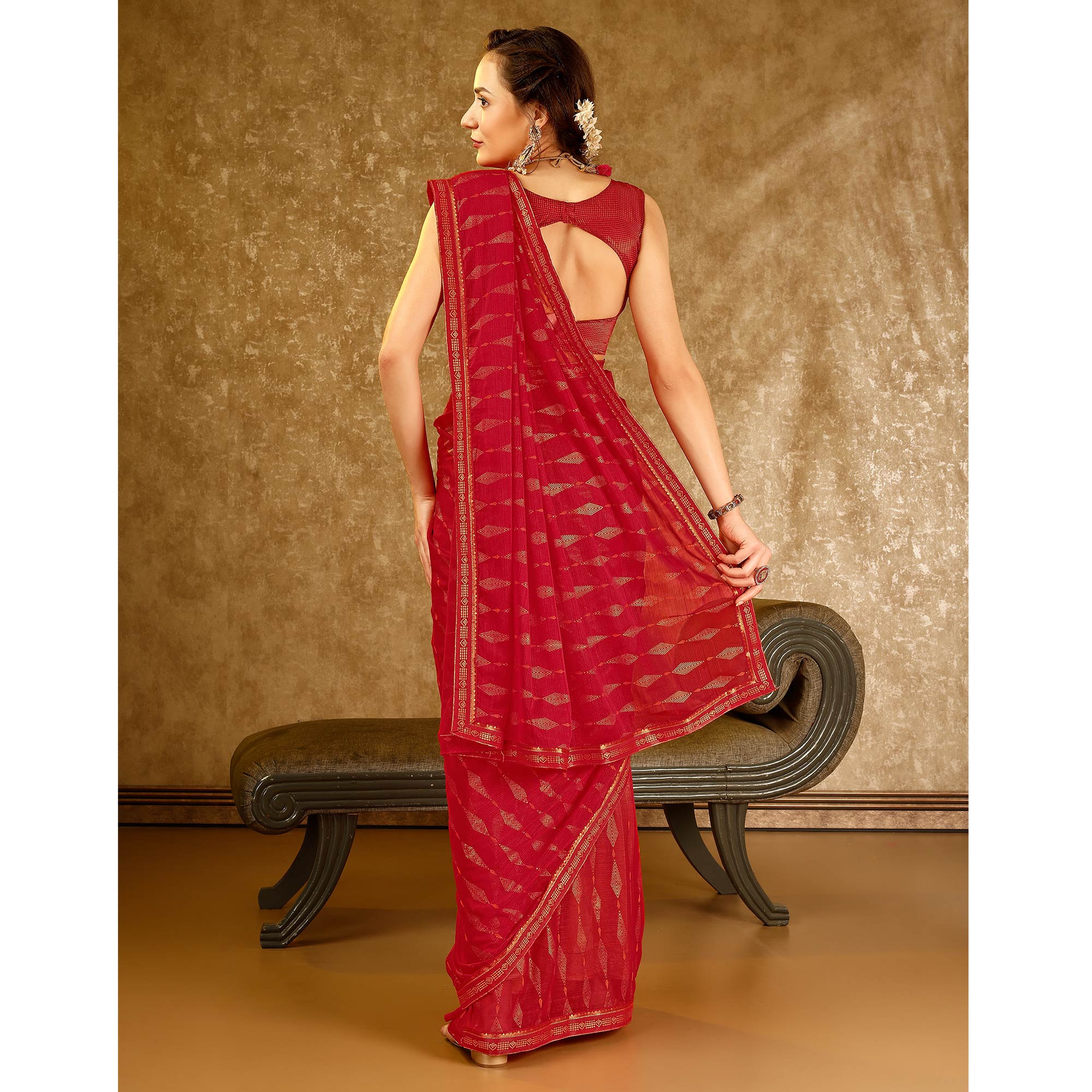 Red Foil Printed Chiffon Saree With Lace Border