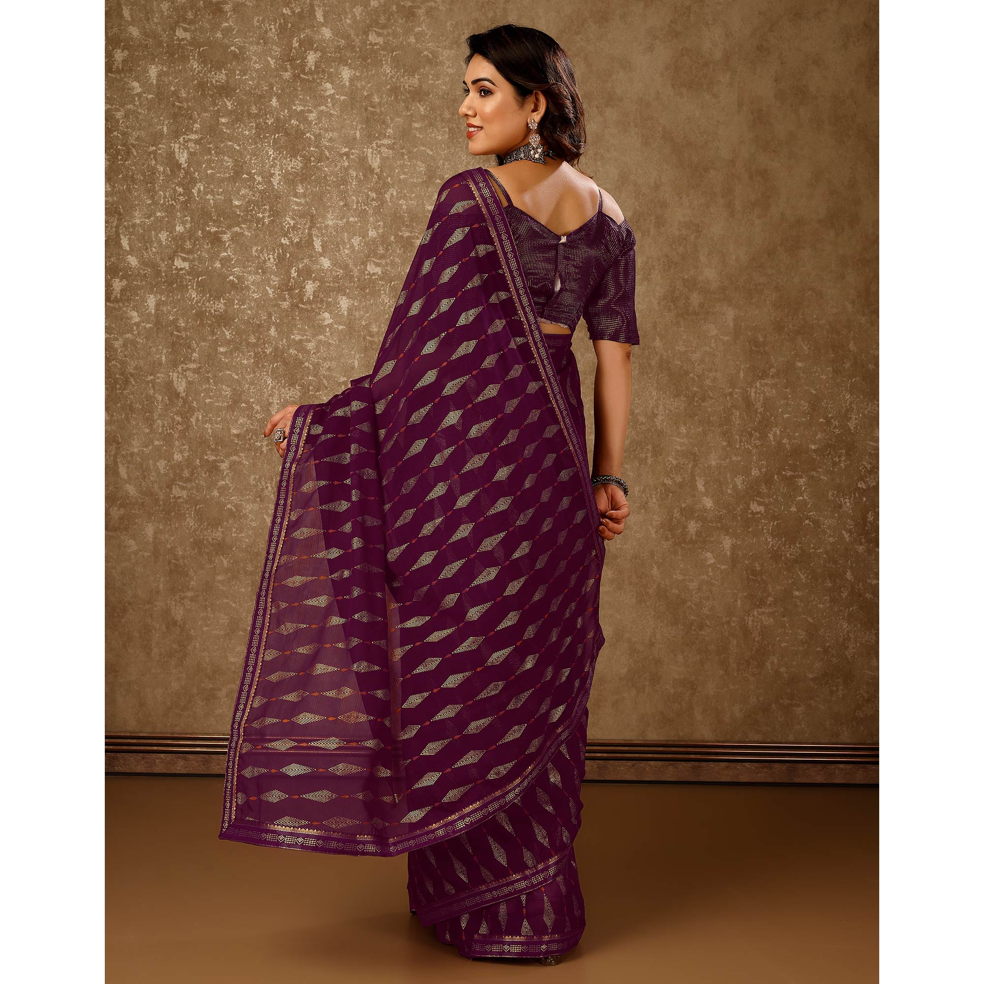 Purple Foil Printed Chiffon Saree With Lace Border