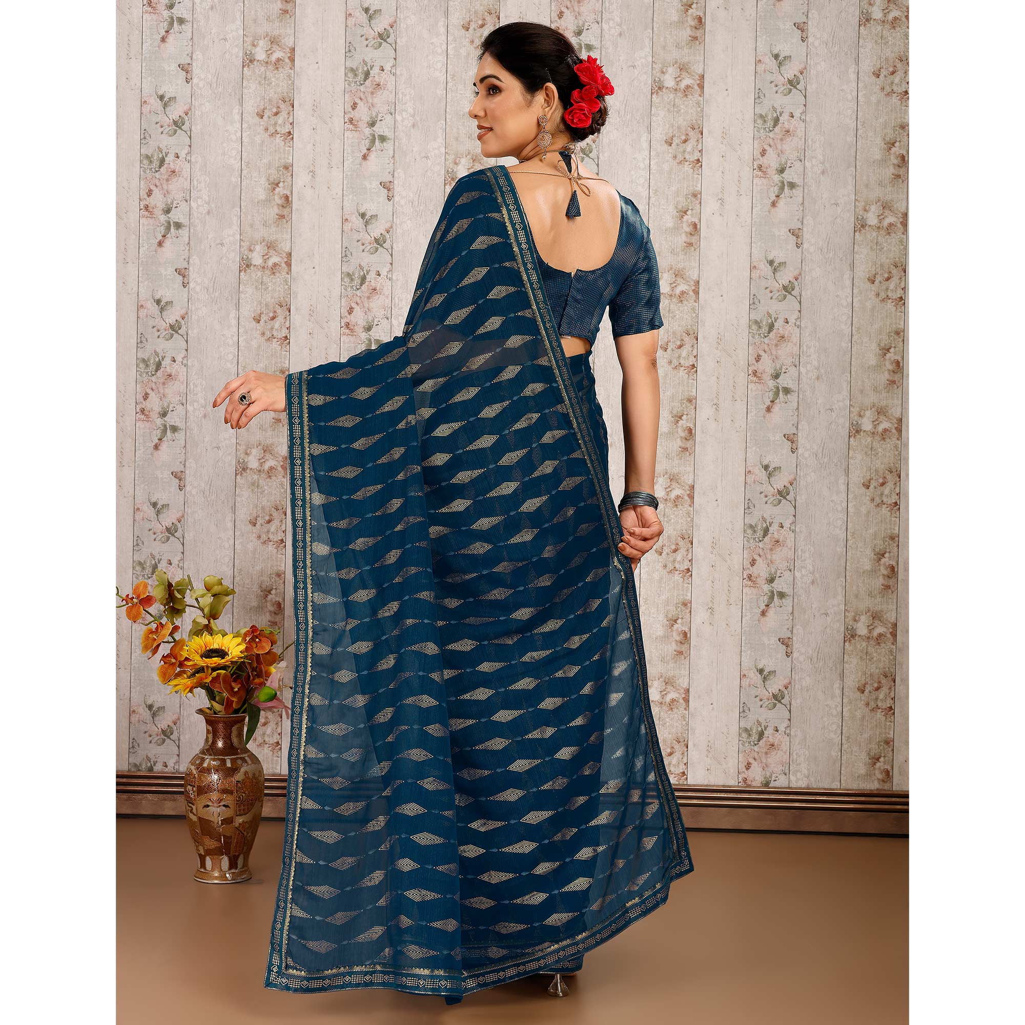 Blue Foil Printed Chiffon Saree With Lace Border