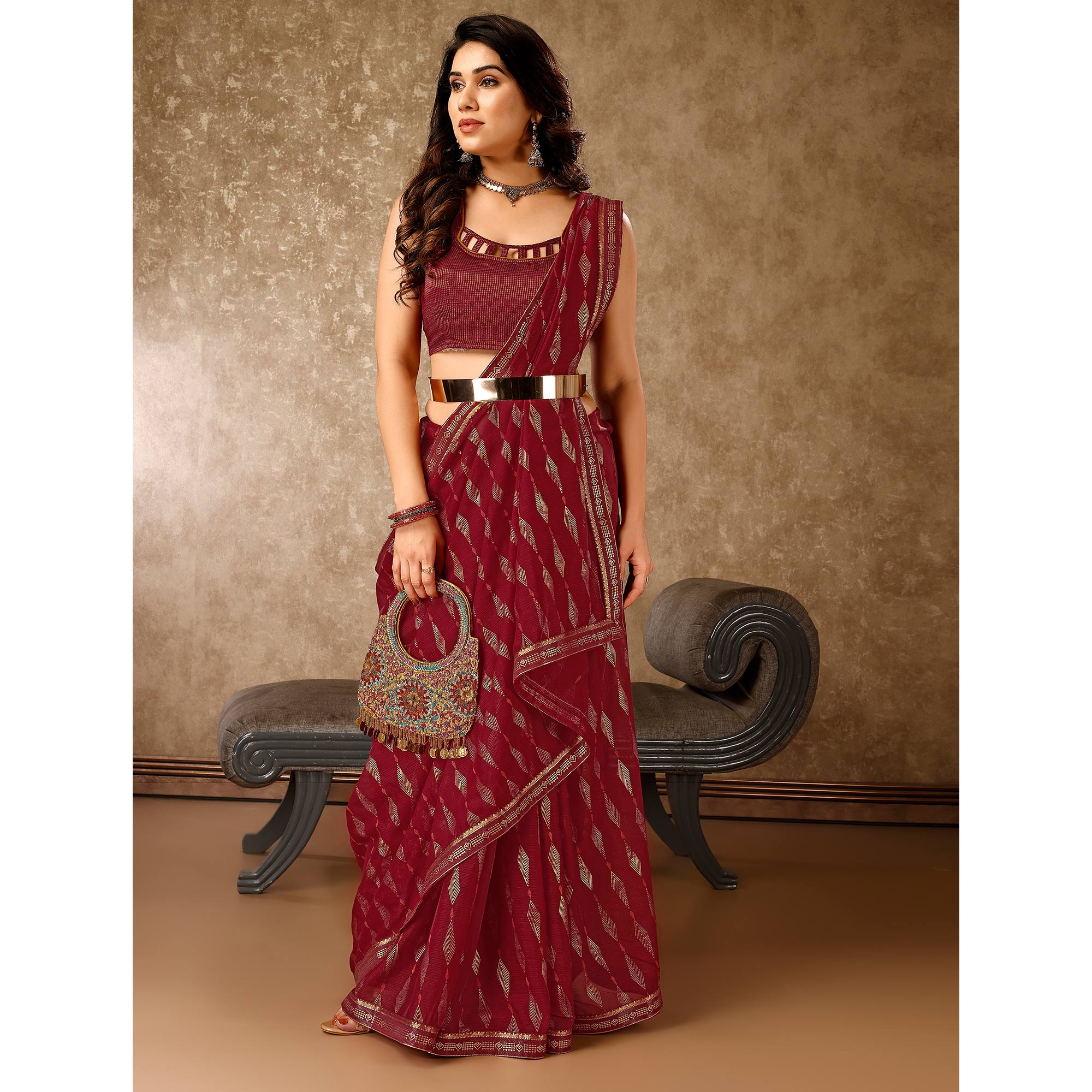 Maroon Foil Printed Chiffon Saree With Lace Border