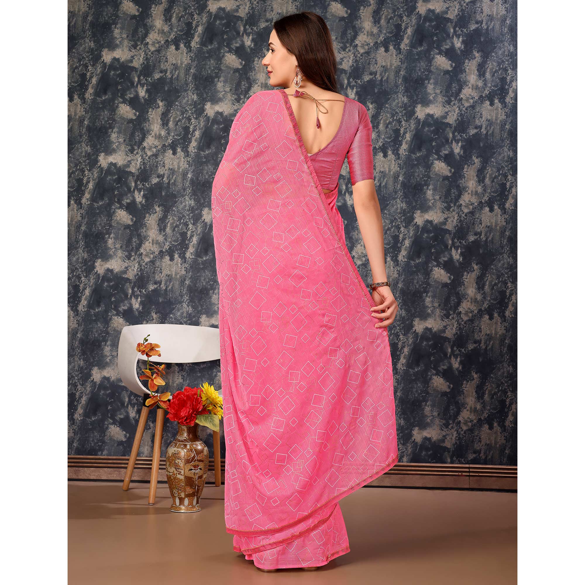 Pink Printed With Zari Work Chiffon Saree With Lace Border