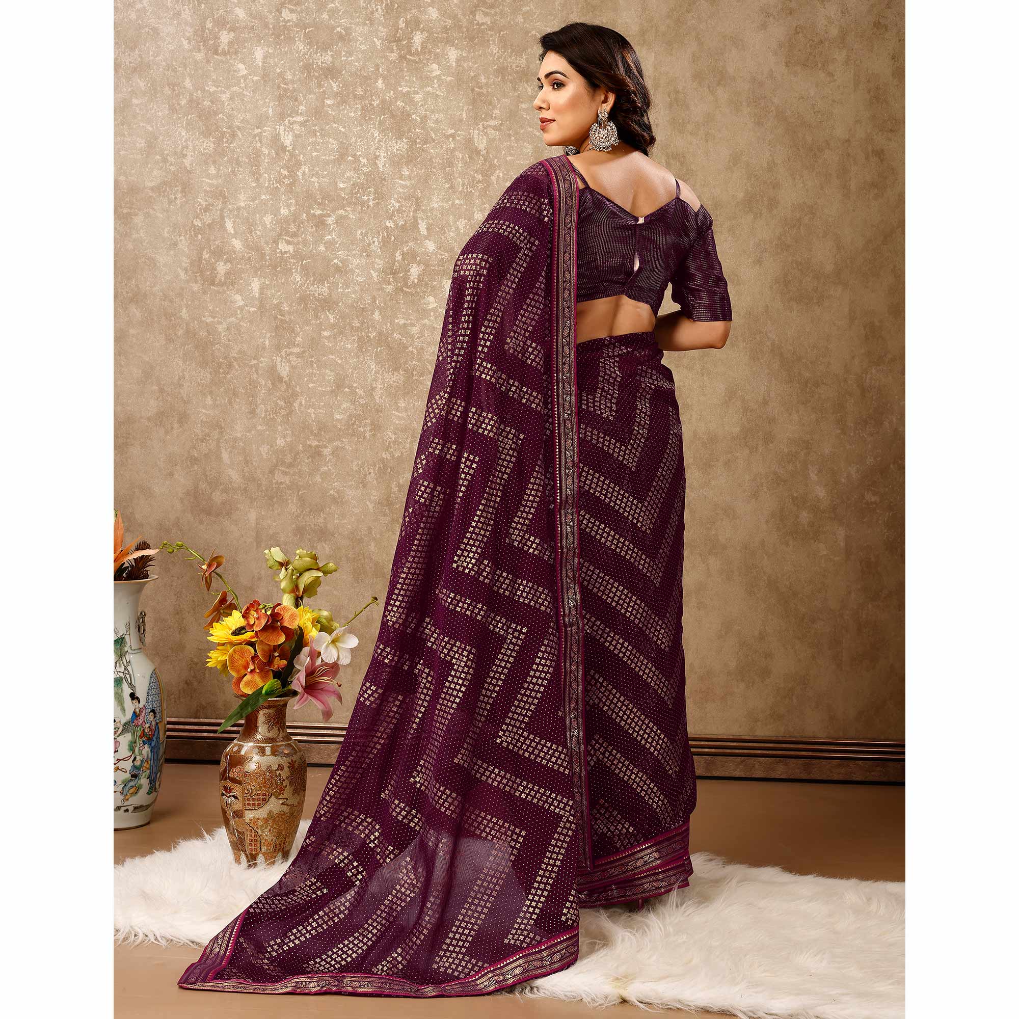 Purple Foil Printed Chiffon Saree With Lace Border