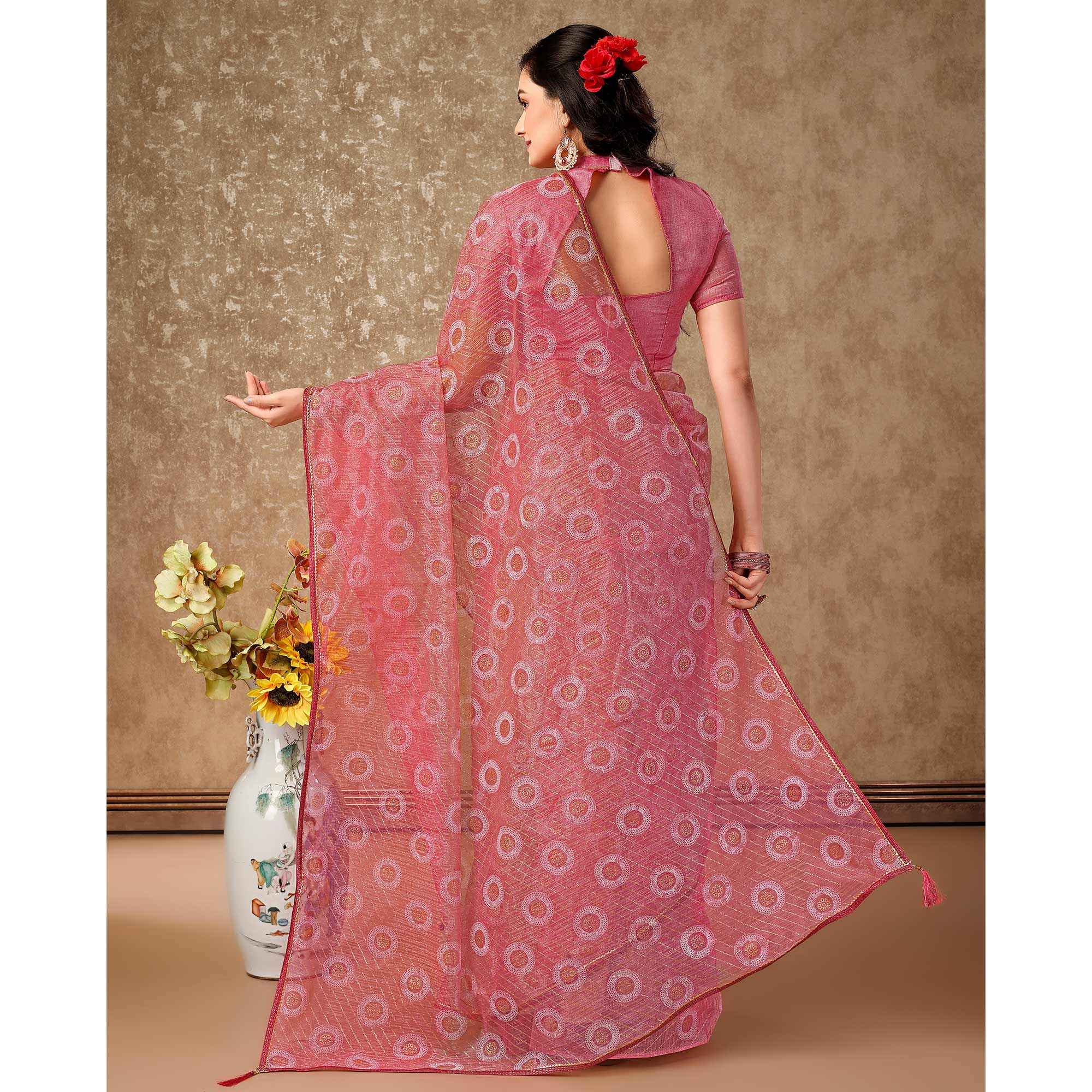 Pink Printed With Zari Work Cotton Silk Saree With Lace Border