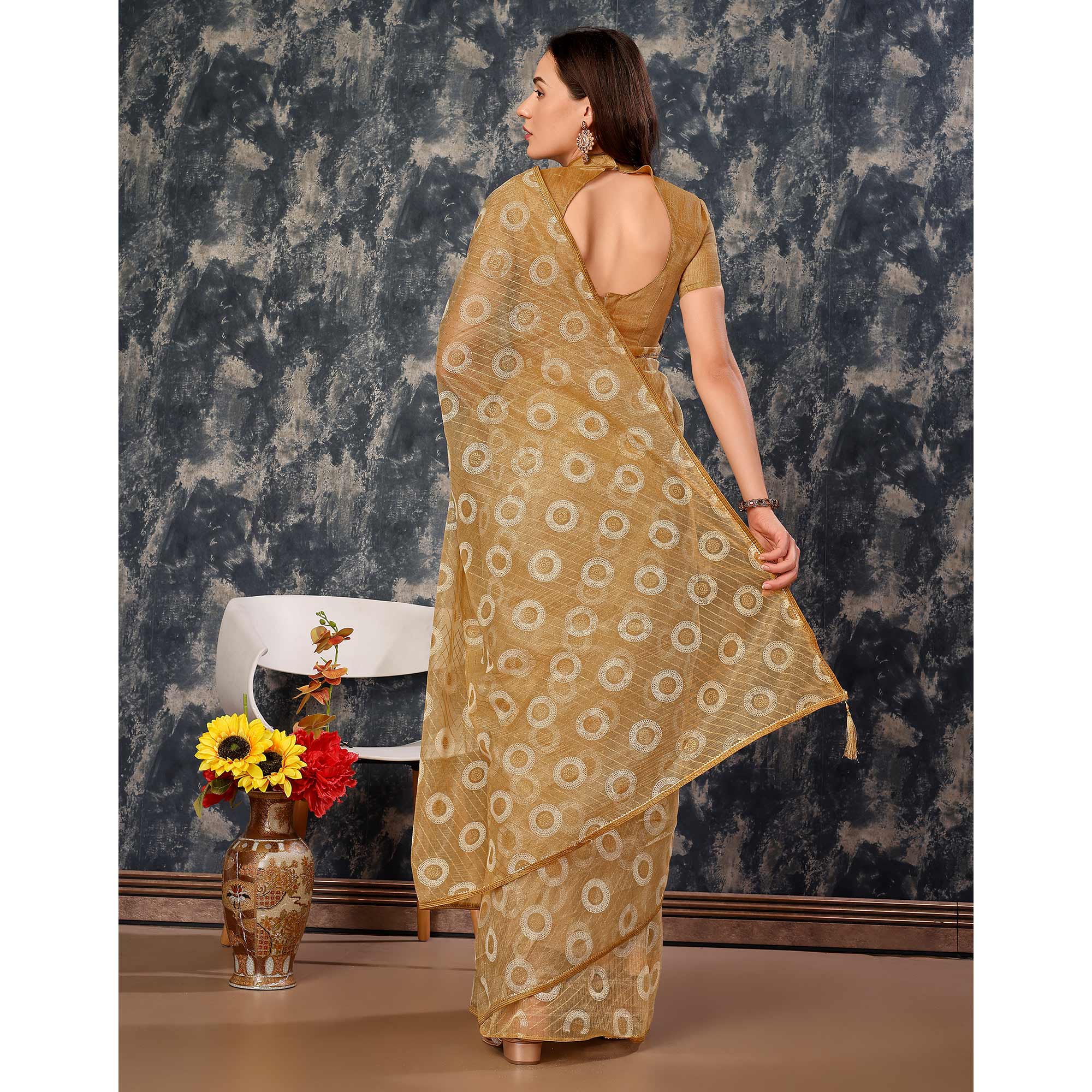 Chikoo Printed With Zari Work Cotton Silk Saree With Lace Border