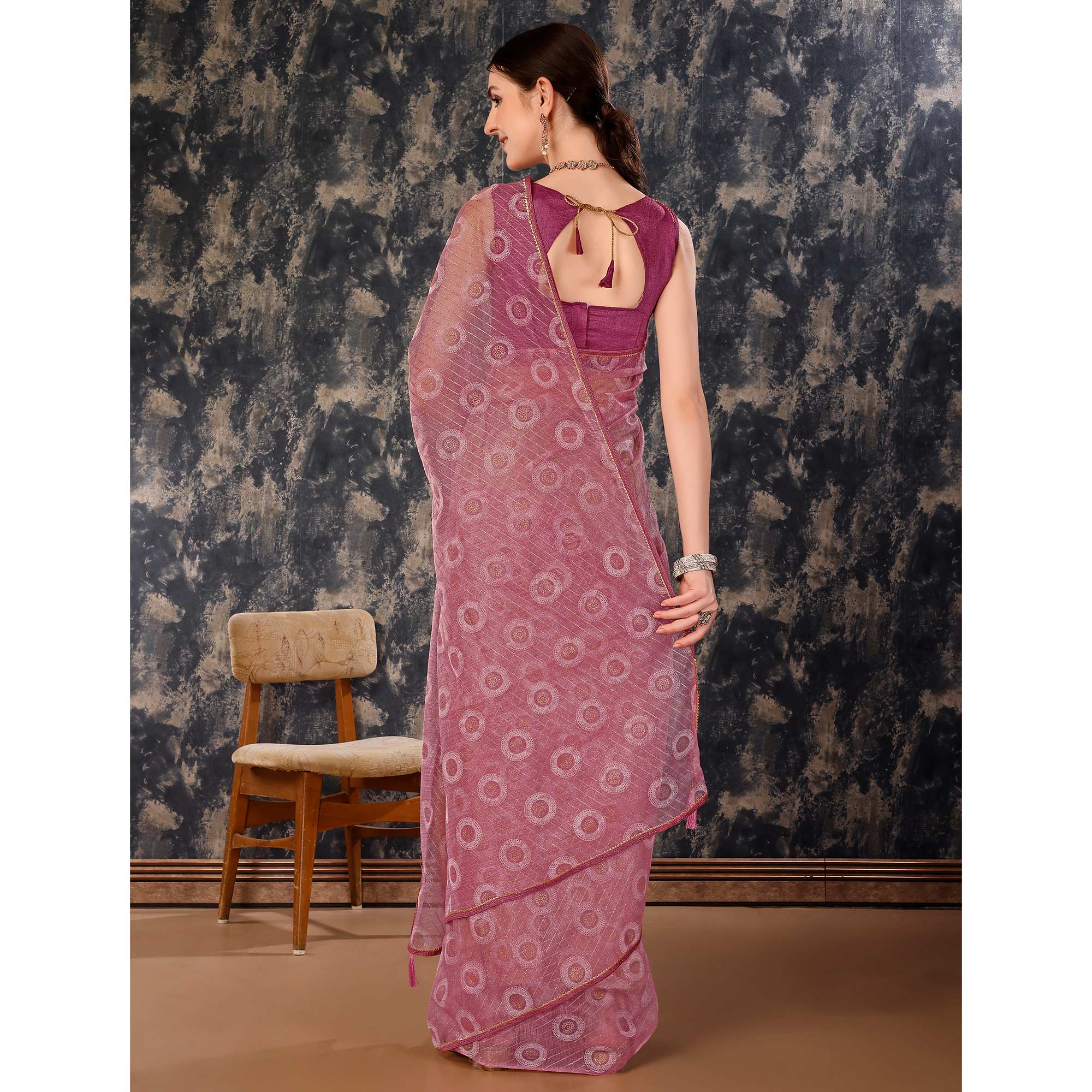 Purple Printed With Zari Work Cotton Silk Saree With Lace Border