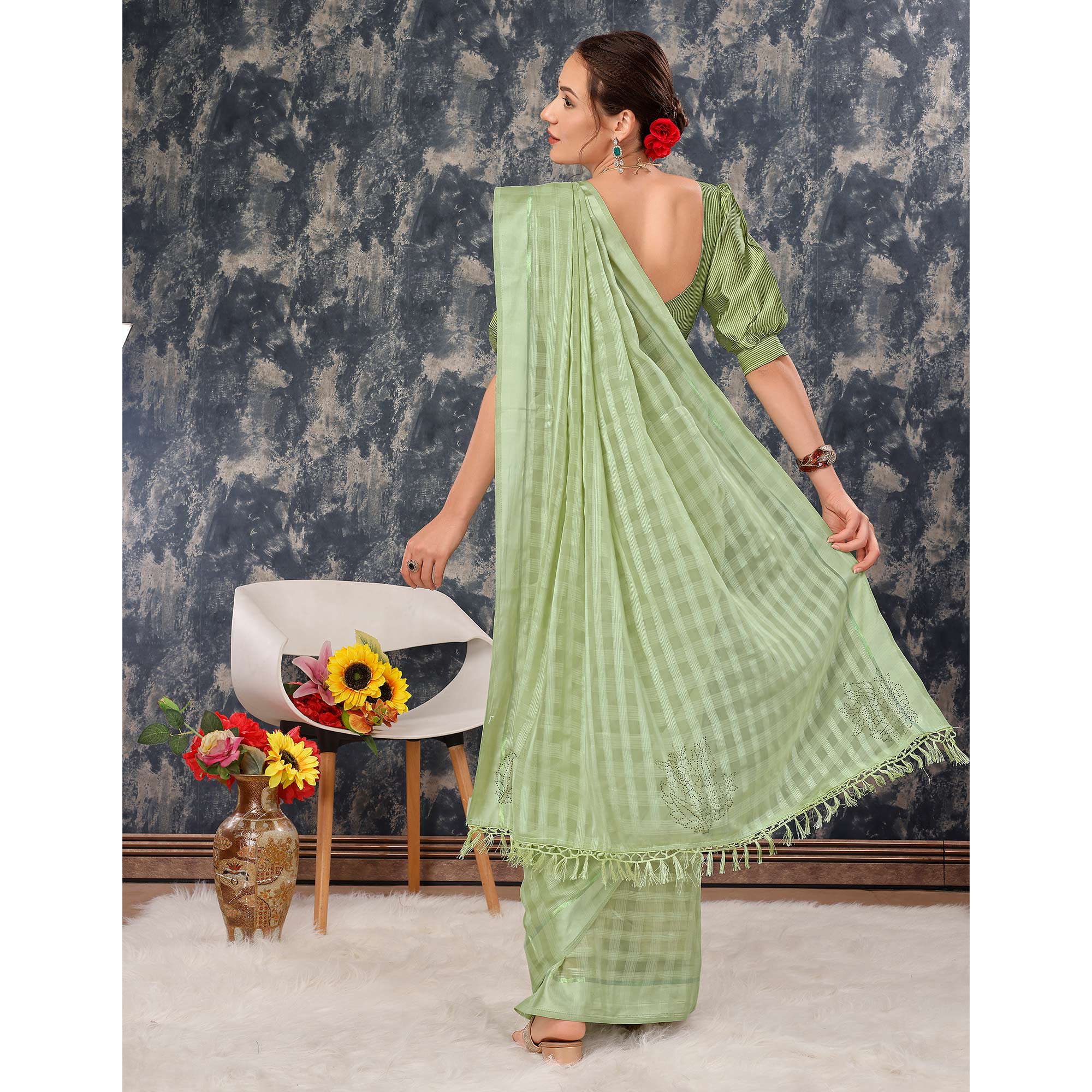 Green Swarovski Work Chiffon Saree With Tassels