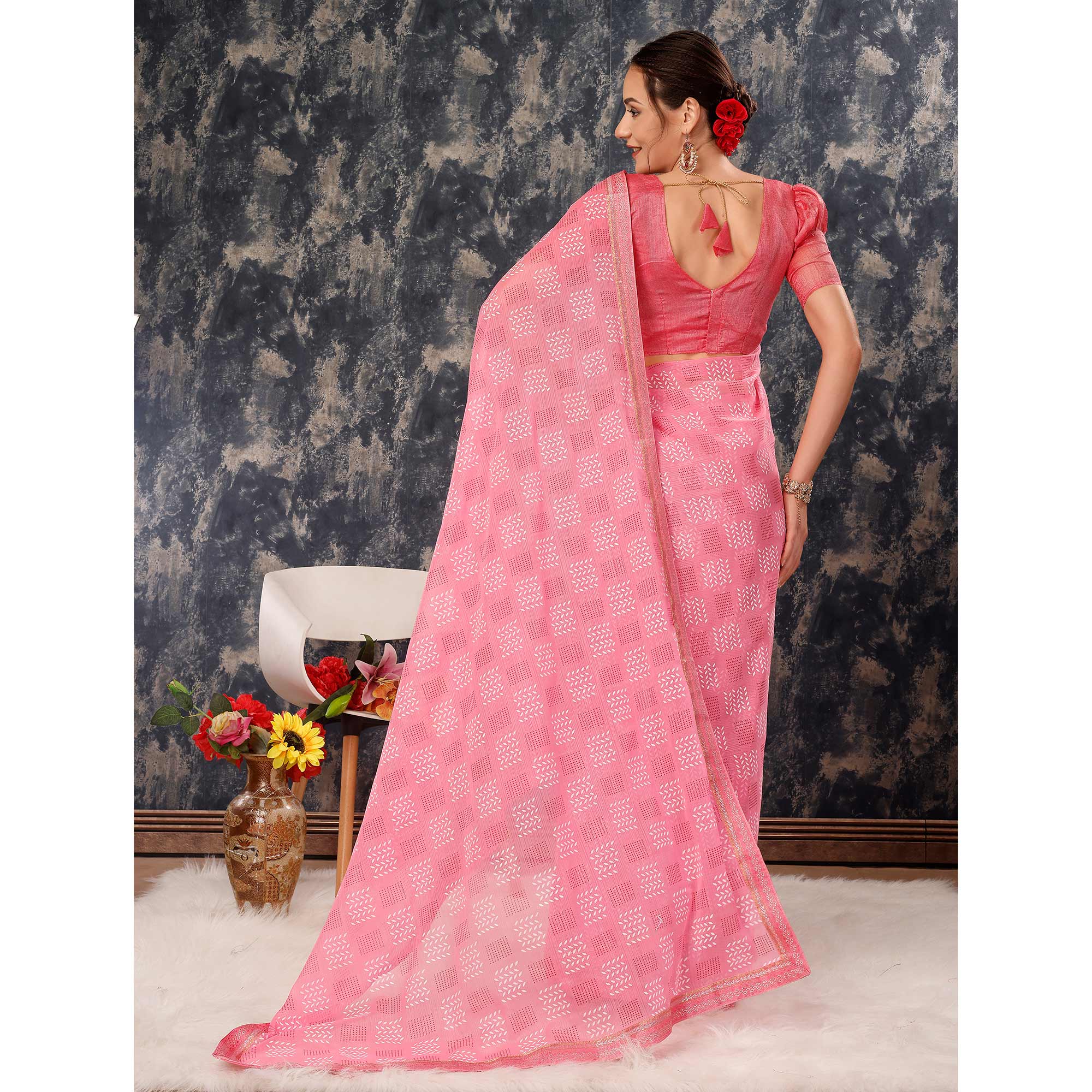 Pink Printed Chiffon Saree With Lace Border