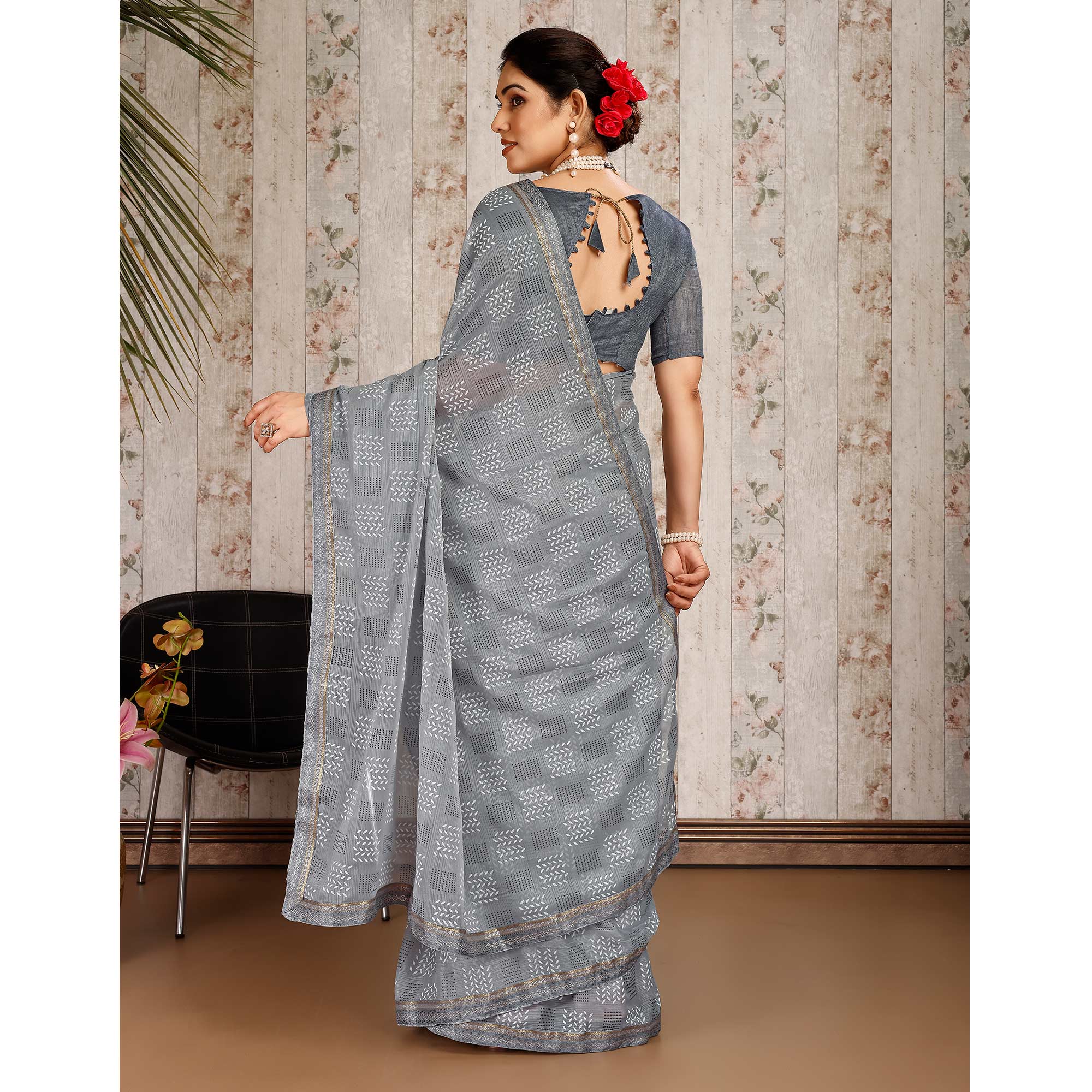 Grey Printed Chiffon Saree With Lace Border