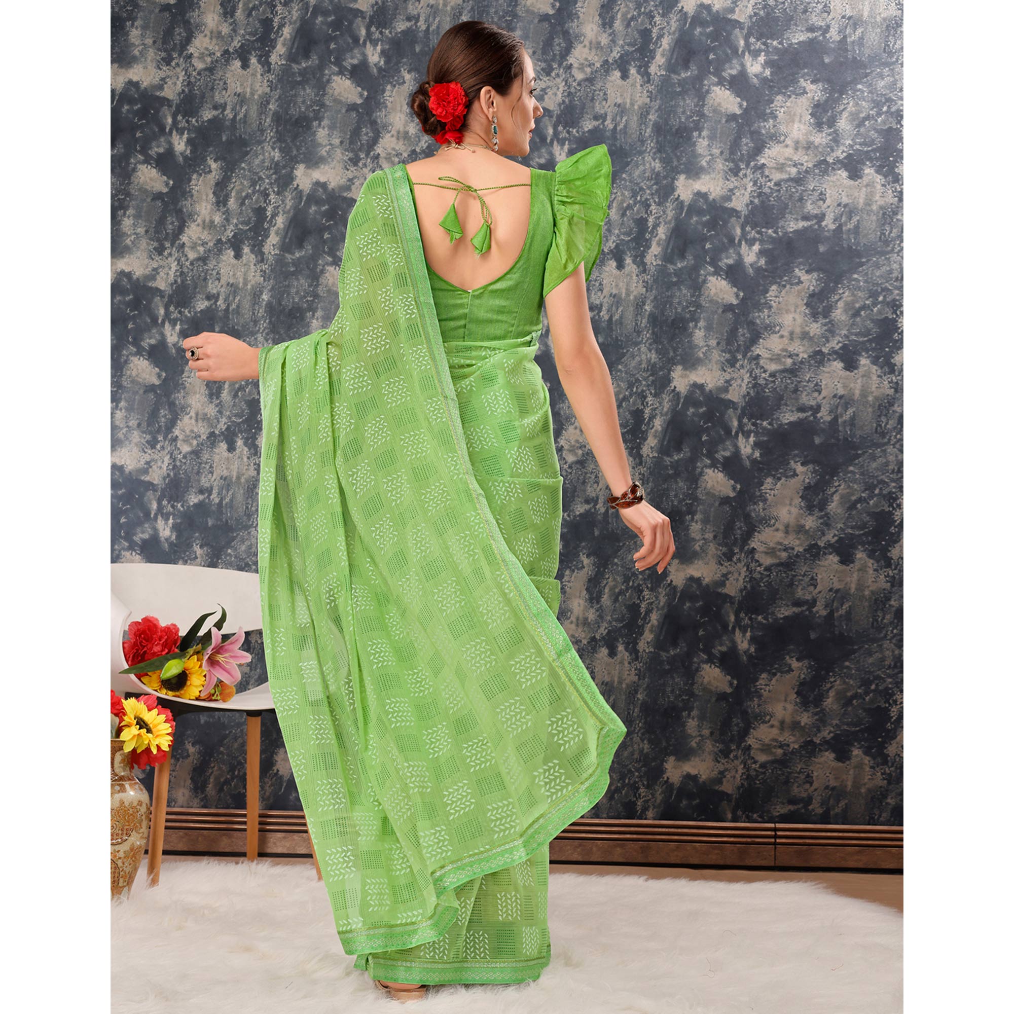 Green Printed Chiffon Saree With Lace Border