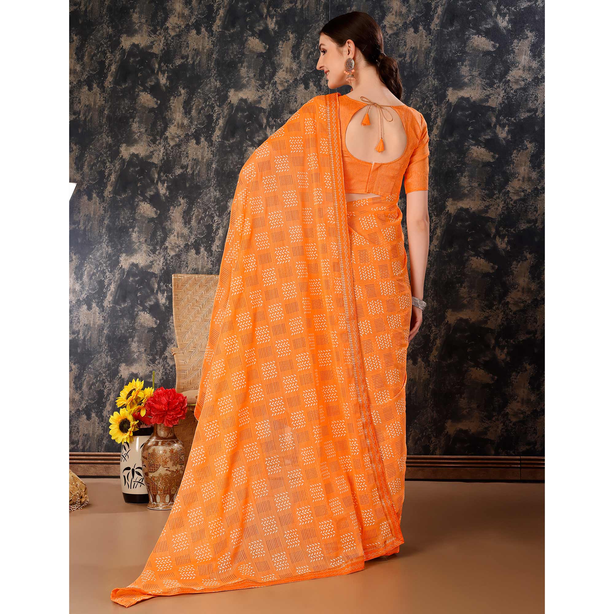 Orange Printed Chiffon Saree With Lace Border