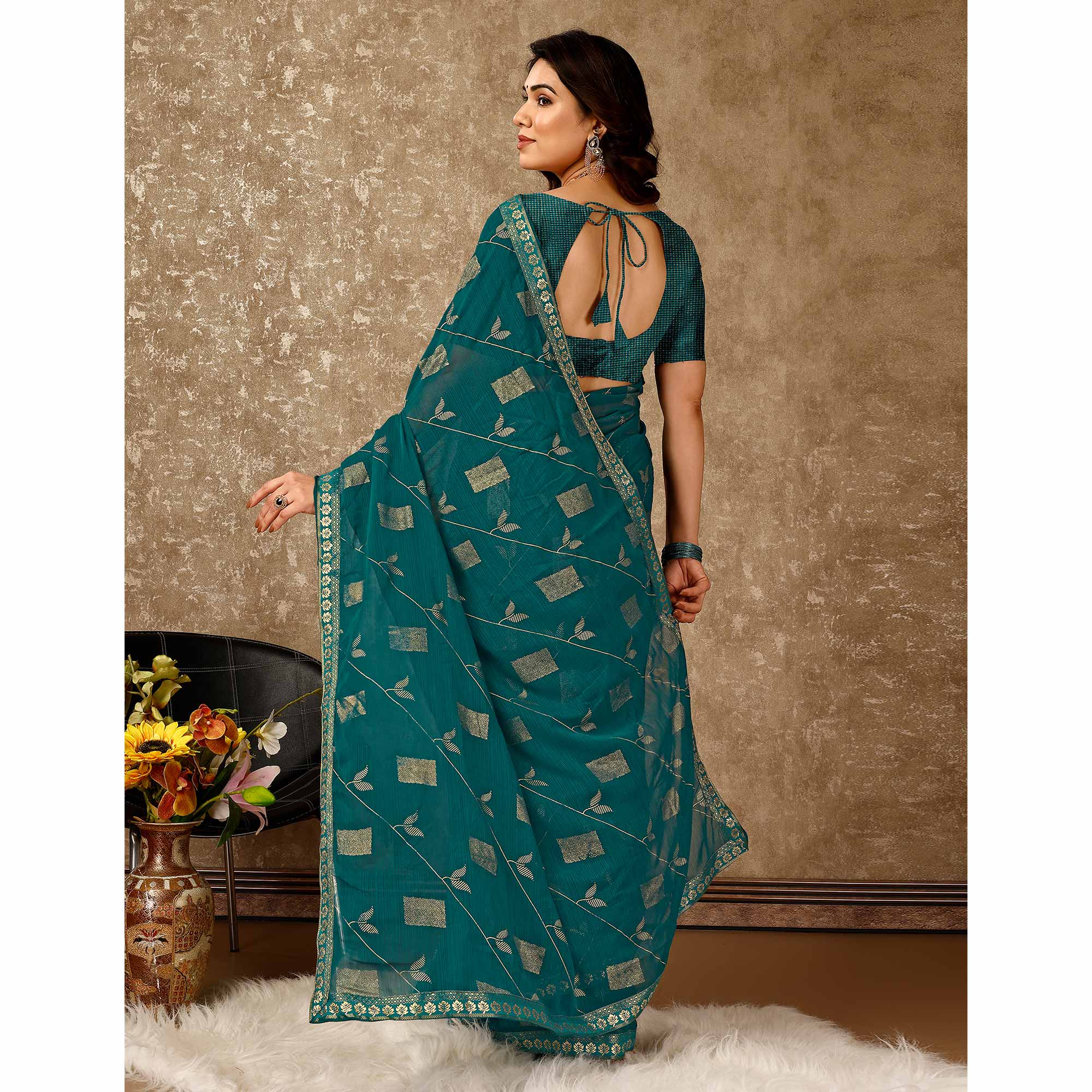 Teal Blue Floral Foil Printed Chiffon Saree With Lace Border