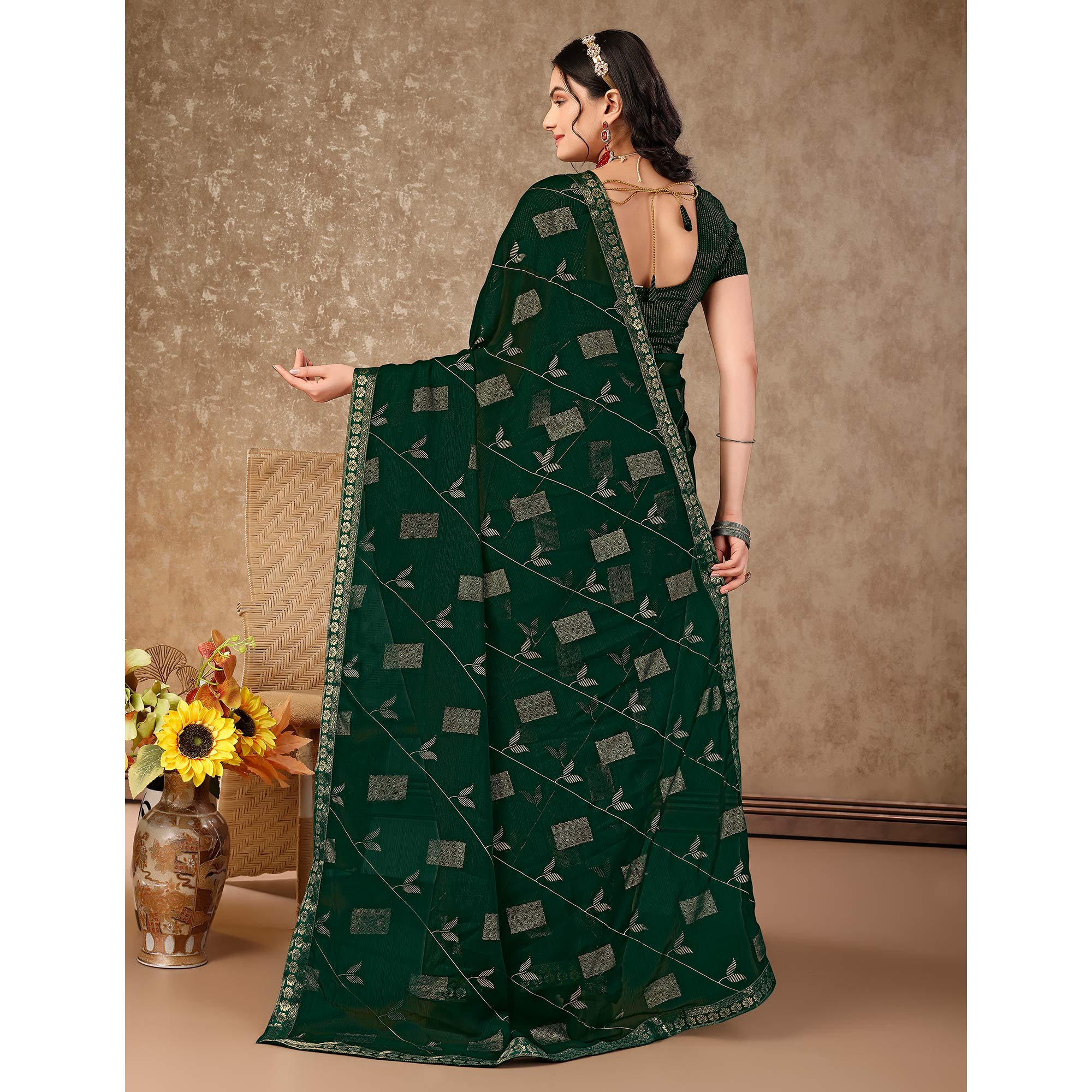 Green Floral Foil Printed Chiffon Saree With Lace Border